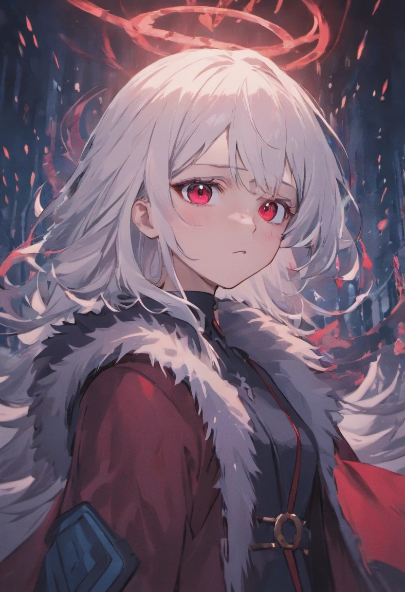 Woman, white hair, red eyes, cold , dark blue fur coat, emotionless face, war.