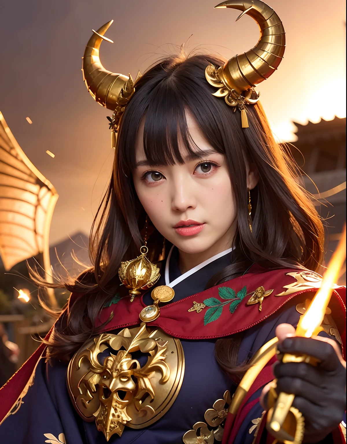 Professional , masterpiece、top-quality、photos realistic , depth of fields 、Dark Fantasy、(fullmoon:1.9)、(shooting stars:0.9)、(nebulas:1.3)、A dark-haired、(White bikini armor)、(Mystical expression)、(The fox has five tails)((Fight dragons)),(Wear a beautiful kimono),(Wear a beautiful kimono with colorful floral patterns)、Jewel Gold Weapon、Particles of light),(Has a devil's mask)、Gorgeous gold weapons ,(( Gorgeous Dragon Sword)) , (Fox Mask),,(maikurobikini) 、((Black Haired Beautiful Girl))、(Castle background)、(demonic wings)、((Gangle's forest background))、Beautiful Caucasian beauty、1a person、dynamic ungle,(((Two devil's horns on the head)))、Smaller head、Idle Smile、Thin and beautiful female hands、Mystical expression、Light Effects、intense fighting、Wind-effect、magic circles、With the legendary magic wand、Dragon's tail、