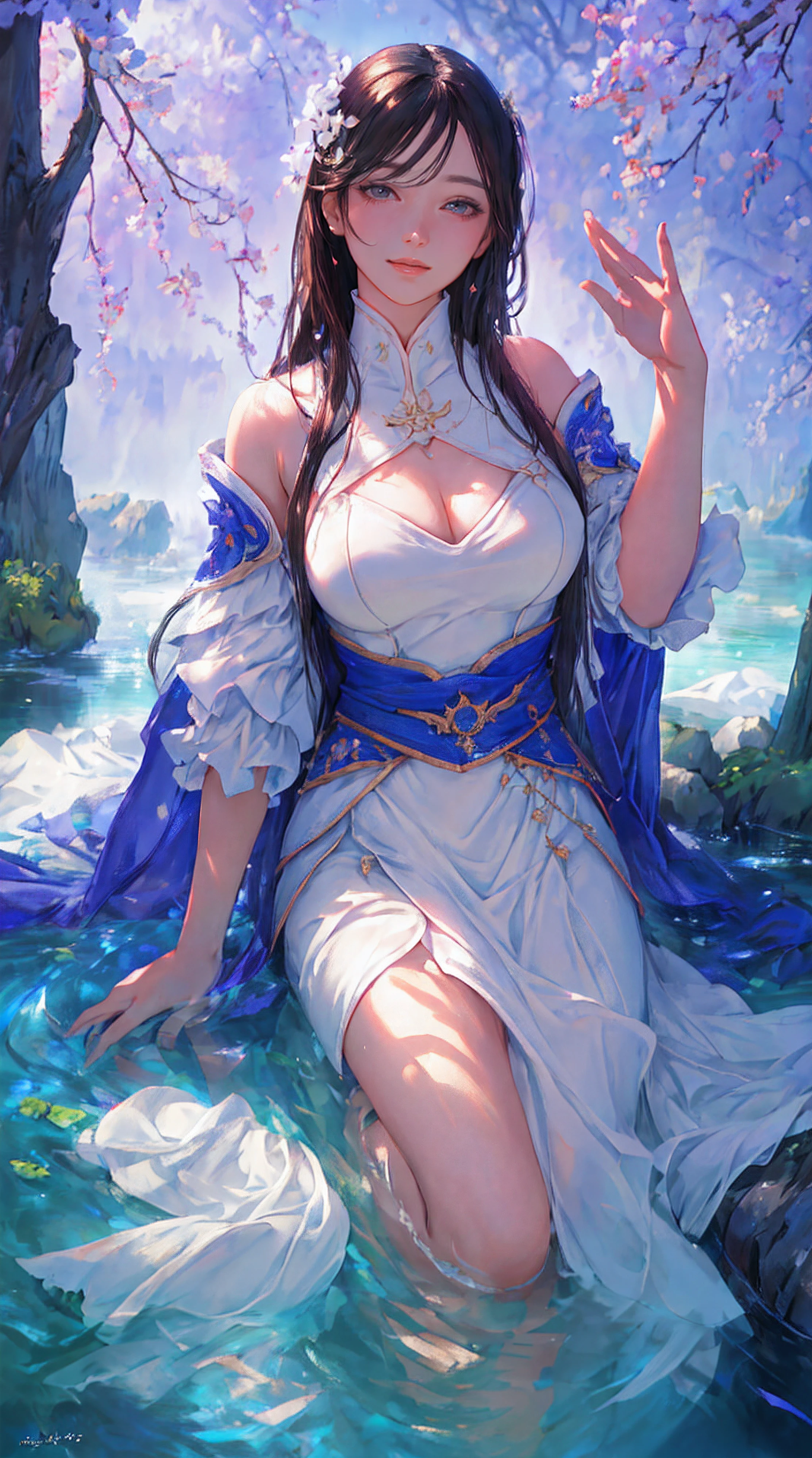 Best quality, masterpiece, ultra high res, (photorealistic:1.4), raw photo,(highly detailed:1.3),full body,large breasts,seiza,closed mouth,light smile, Ultra-detail,(highres:1.1),best quality,(masterpiece:1.3),cinematic lighting,full body