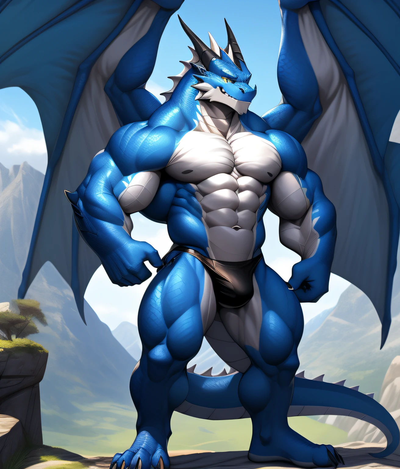 nj5furry, (blue dragon, huge, wings), dragon, (big wings), ((extremely realistic shadows, masterpiece, extremely detailed, photorealistic)), kemono, blue skin, (scales) yellow eyes, wearing a tiny thong revealing huge muscular thighs, bulge in the crotch, mountains. Height 185 cm, the optimal height, tight clothing, body full of muscles; ripped abs, V-shaped body, thick waist, long legs, strong arms manly, handsome face, attractive cool calm face type with a cold smile, topless.