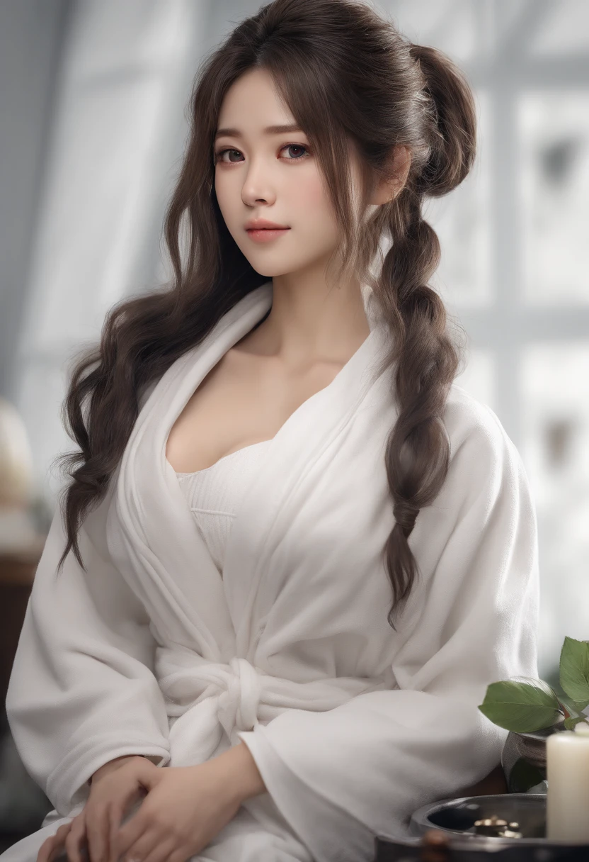 Best Quality, realisitic, Photorealistic, extremely highly detailed, an extremely delicate and beautiful, Raw foto, s whole body, 27-year-old Asian woman, (Get a massage on the massage bed: 1.3), Black hair, Black eyes, Small head, fashion girl, beautidful eyes, tiny boobs,real face, real skin, realistic face, Realistic skin, Detailed Eyes, Detailed facial features, detailed clothing features, (Cover with a white towel:1.3), (Tie your hair with a white towel: 1.3) dynamic poses, back-view, looking away, focus on the face, detailed face and breast