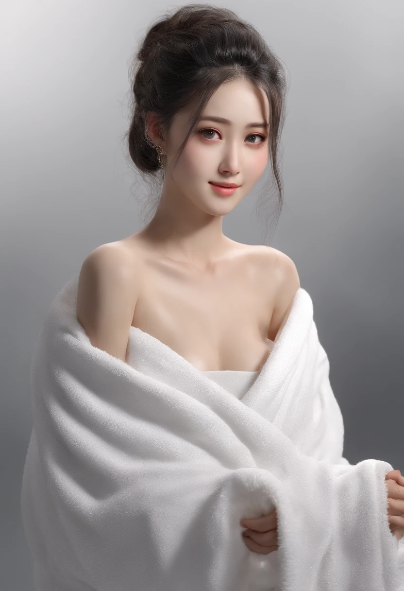 Best Quality, realisitic, Photorealistic, extremely highly detailed, an extremely delicate and beautiful, Raw foto, s whole body, 27-year-old Asian woman, (Get a massage on the massage bed: 1.3), Black hair, Black eyes, Small head, fashion girl, beautidful eyes, tiny boobs,real face, real skin, realistic face, Realistic skin, Detailed Eyes, Detailed facial features, detailed clothing features, (Cover with a white towel:1.3), (Tie your hair with a white towel: 1.3) dynamic poses, back-view, looking away, focus on the face, detailed face and breast