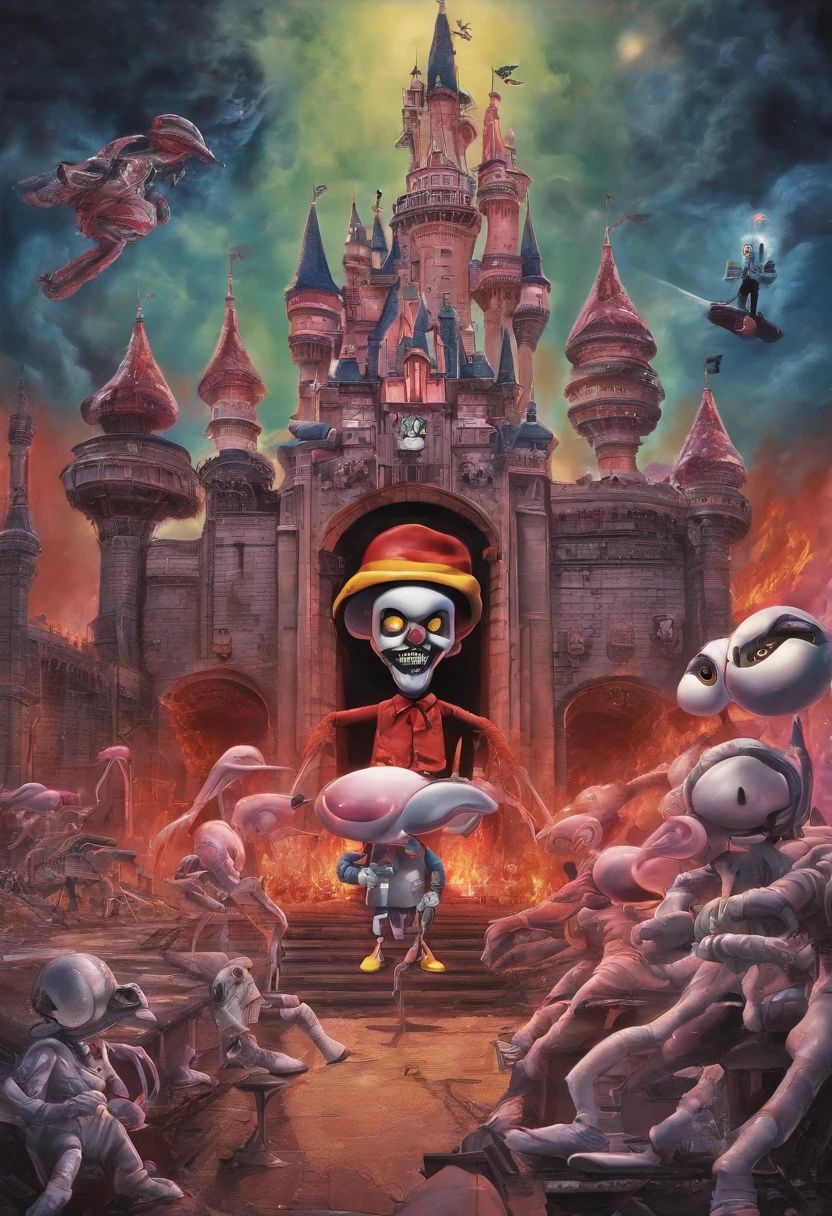 Mickey Mouse, nazi uniform, Donald Duck stabs Mickey mouse, donald wears islamic clothing, zombie flamingos in the background, disney castle burning and destroyed, Adolf Hitler, doing ballet, high detail, photorealism, hyperreal, very detailed background