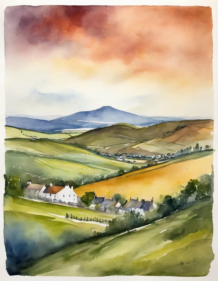 A detailed watercolour painting of The Ochil Hills in Central Scotland looking from the town of Fishcross