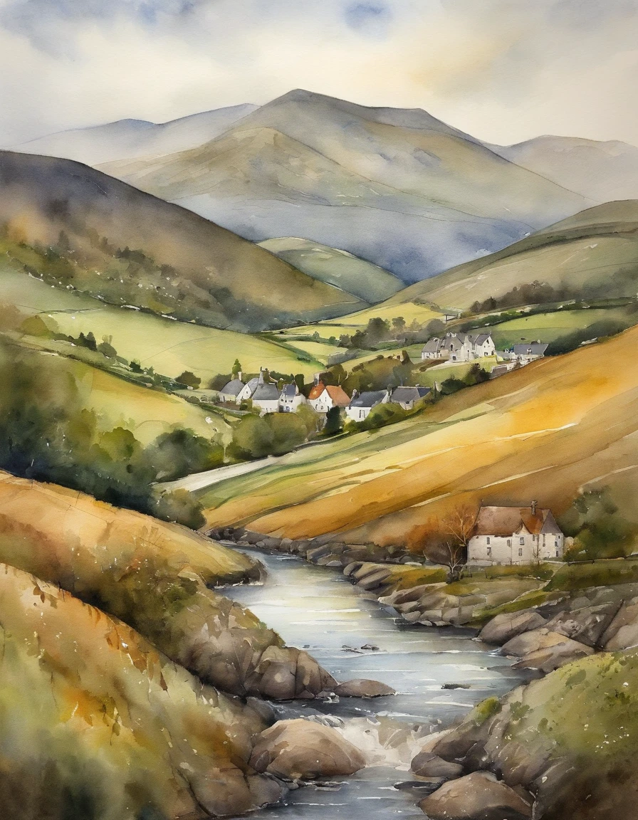A detailed watercolour painting of The Ochil Hills in Central Scotland looking from the town of Fishcross