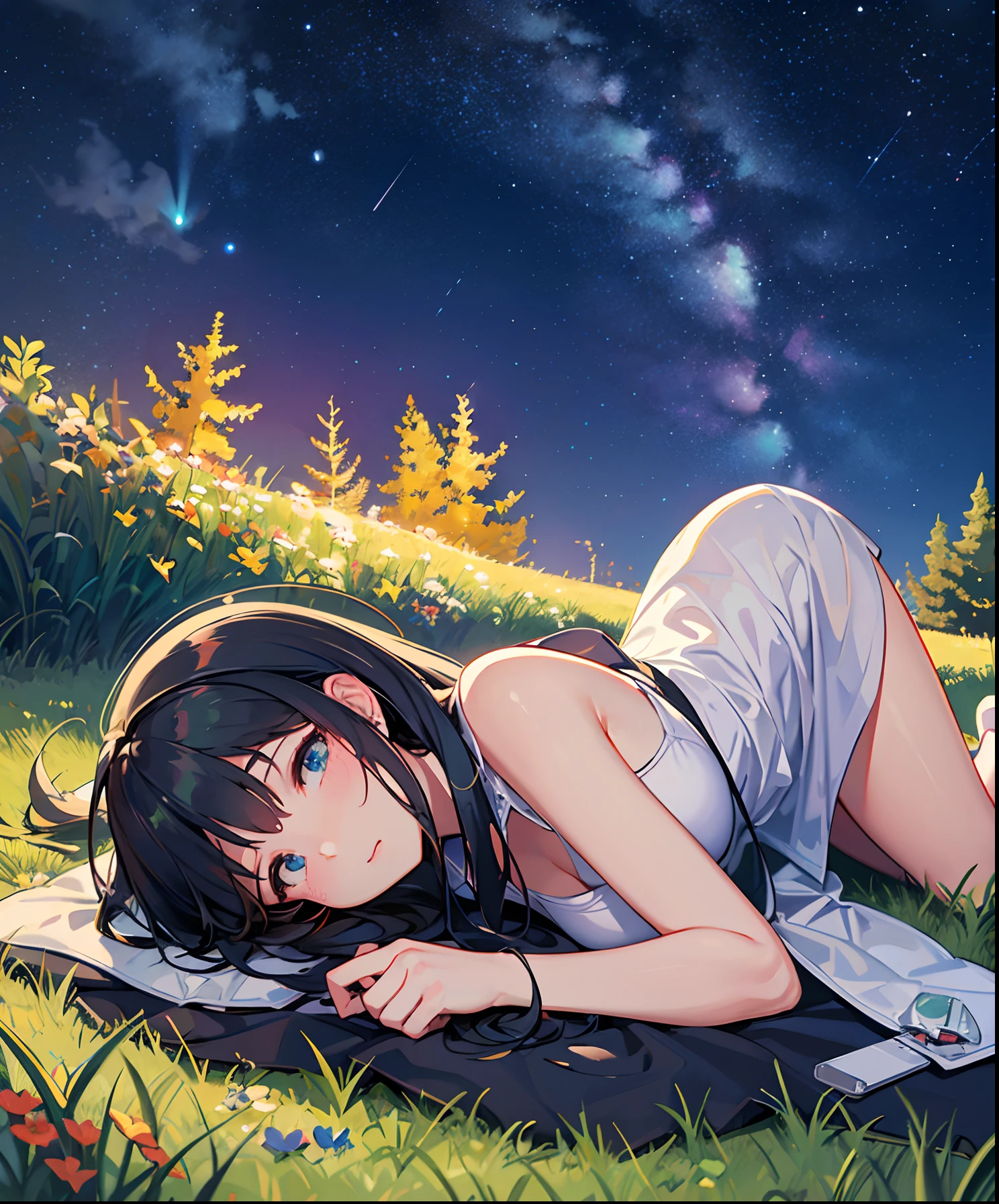 Describe a scene where a cute girl character is lying on a grassy hill, Looking up at the starry sky. Surround her with colorful nebulae and her favorite constellations.