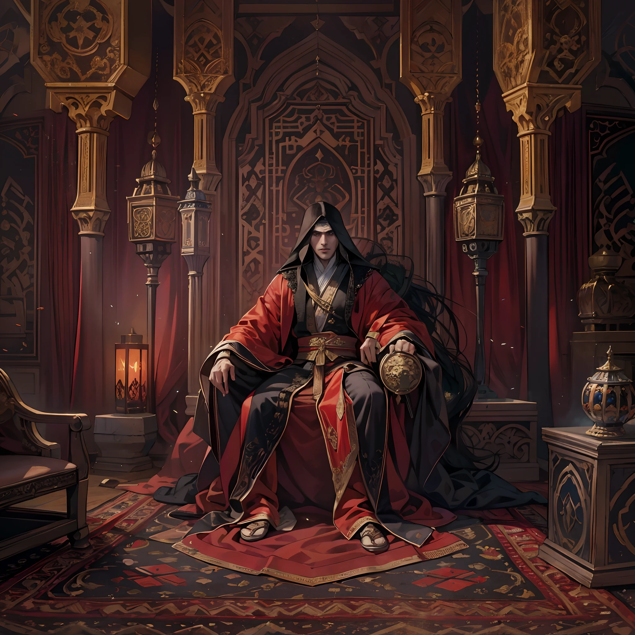 Castlevania Lord of the shadows hyper realistic super detailed Arabian moroccan style Arabian Lord Dracula in moroccan throne room moroccan style