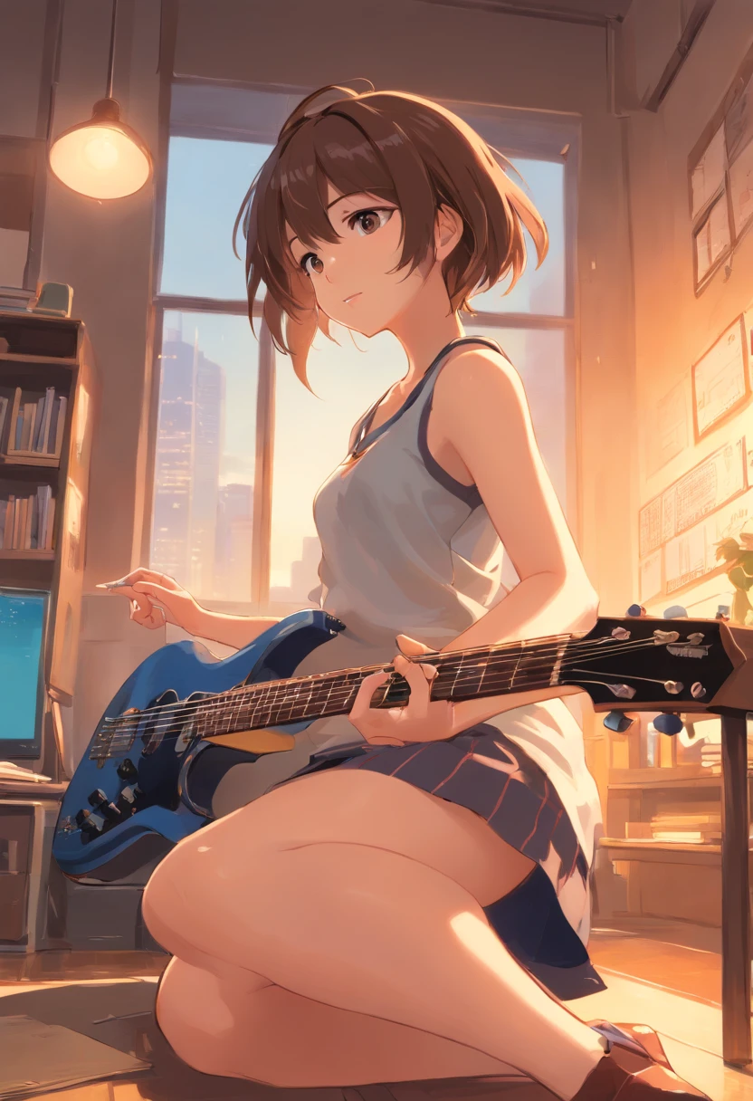 mujer sentada tocando la guitarra, piernas elegantes, piernas largas y delgadas, muslos y falda, piernas largas, de pie en clase, piernas delgadas muy hermosas, piernas largas y delgadas muy hermosas, sentada en un escritorio, piernas bonitas, buenas caderas y piernas largas, piernas hermosas, una colegiala hiperrealista, escote