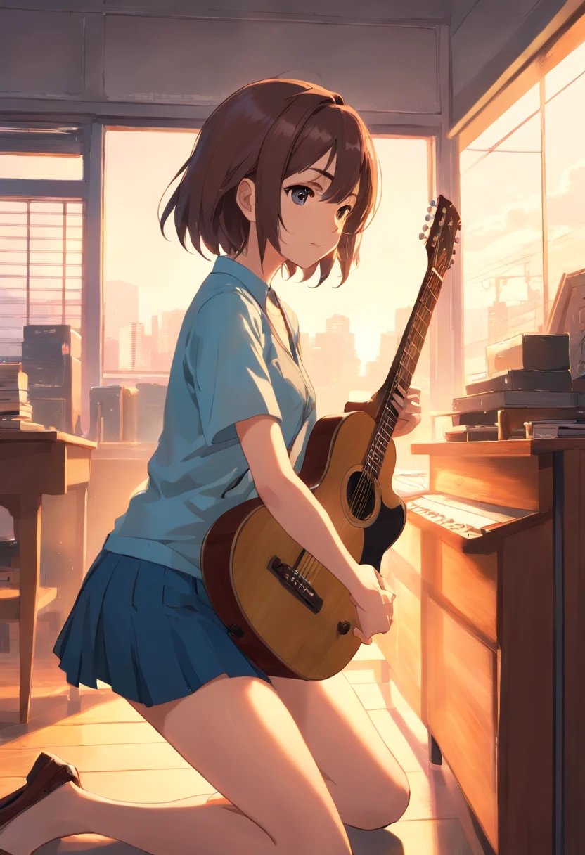 mujer sentada tocando la guitarra, piernas elegantes, piernas largas y delgadas, muslos y falda, piernas largas, de pie en clase, piernas delgadas muy hermosas, piernas largas y delgadas muy hermosas, sentada en un escritorio, piernas bonitas, buenas caderas y piernas largas, piernas hermosas, una colegiala hiperrealista, escote