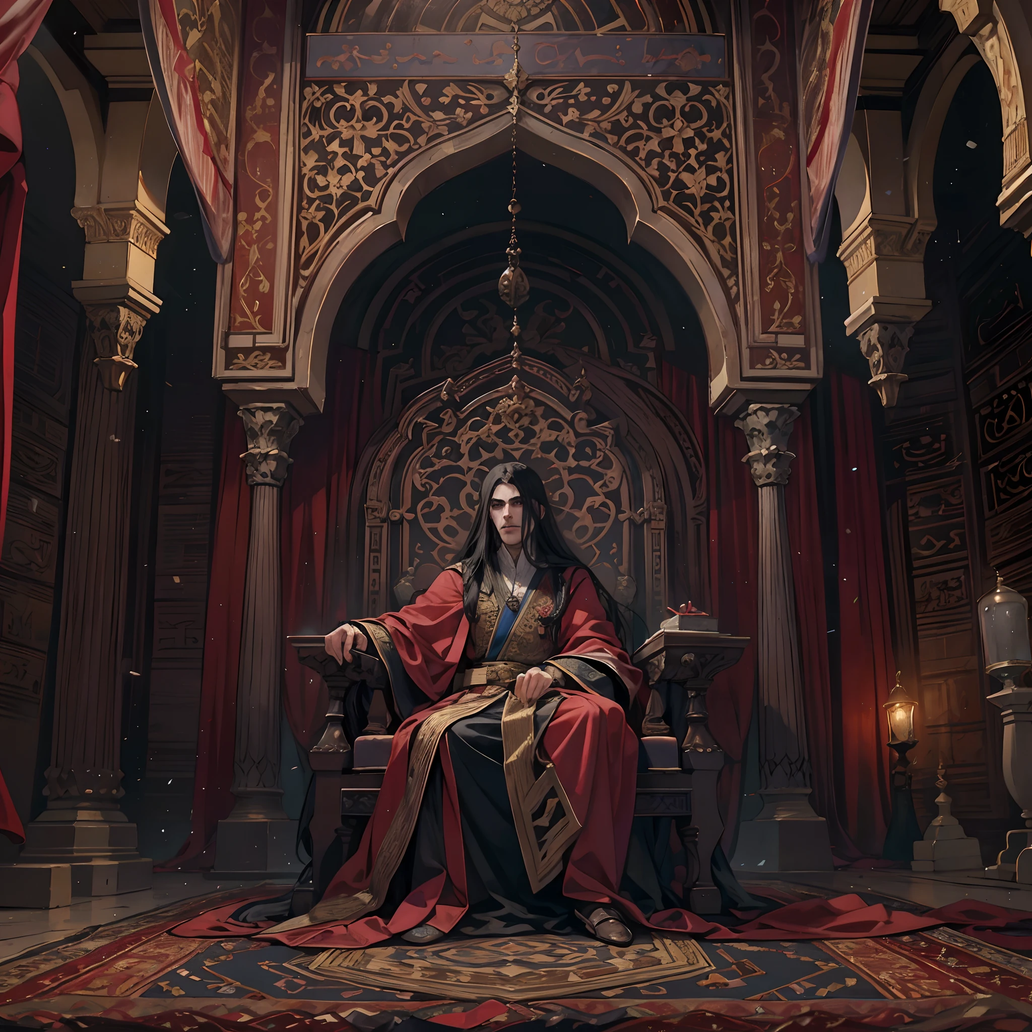 Castlevania Lord of the shadows hyper realistic super detailed Arabian moroccan style Arabian Lord Dracula in moroccan throne room moroccan style