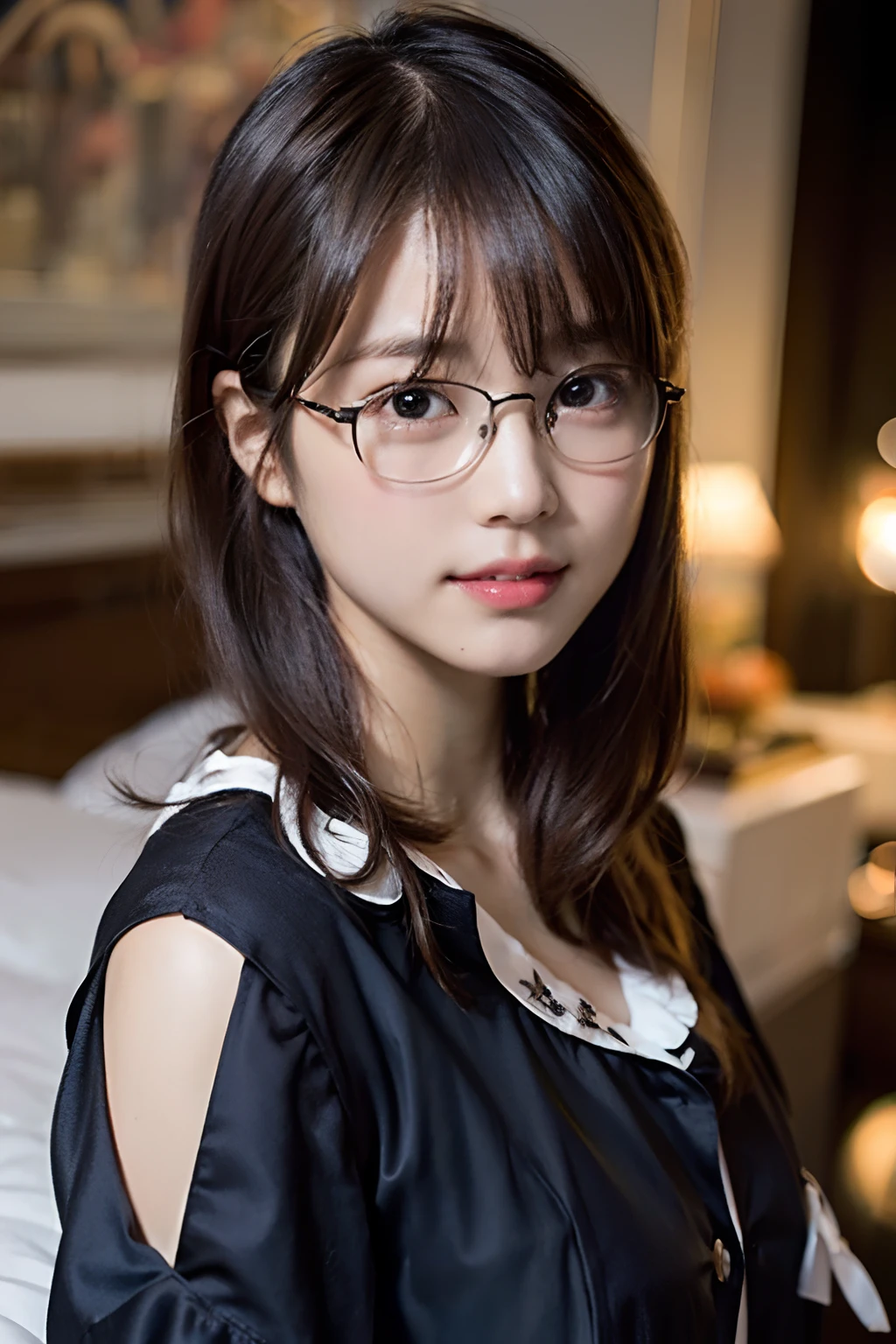 (8K、Raw photography、top-quality、masterpiece:1.2)、(realisitic、Photorealsitic:1.37)、ultra-detailliert、超A high resolution、女の子1人、see the beholder、beautifull detailed face、A smile with a little visible teeth、Constriction、(Slim waist) :1.3)、((Cute pajamas))、pastel clothing、Beautiful detailed skin、Skin Texture、Floating hair、((fluffy hairstyle))、large breasts with good shape、Professional Lighting、autumn night、Bedroom、((Black square glasses ))、Whole human body、Black hair、((Shameful appearance))、Pay attention to your audience、