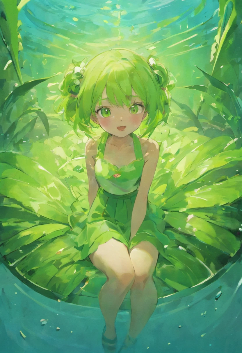 A young girlb，A large water tank，The girl sits in a large water tank，Cute expressions，Stick out your tongue and grin，Green duckweed floats in the tank，Lotus leaf，A lotus blooms on the dog's head