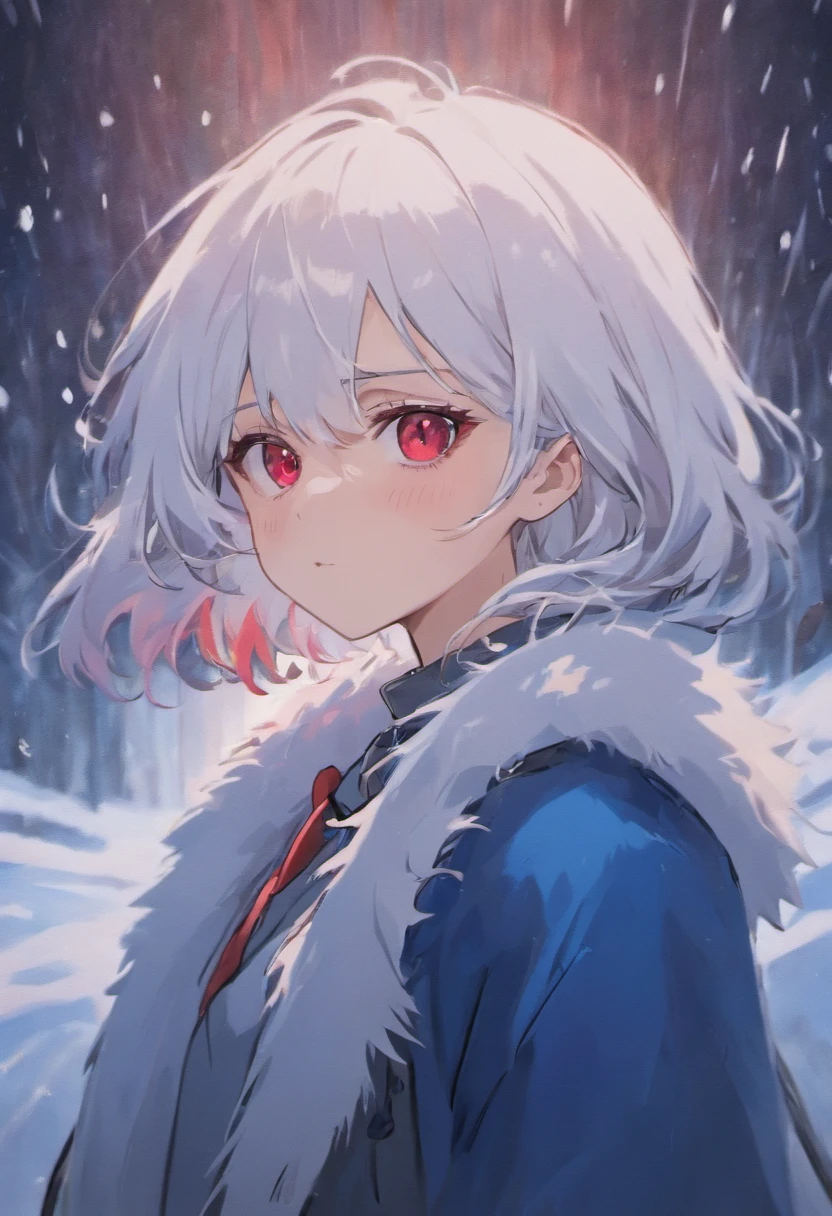 Woman, white hair, red eyes, cold , dark blue white fur coat, emotionless face, snow winter.