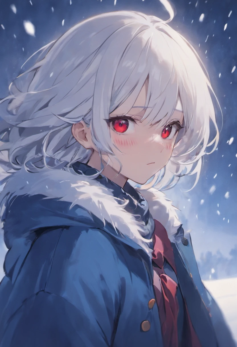 Woman, white hair, red eyes, cold , dark blue white fur coat, emotionless face, snow winter.