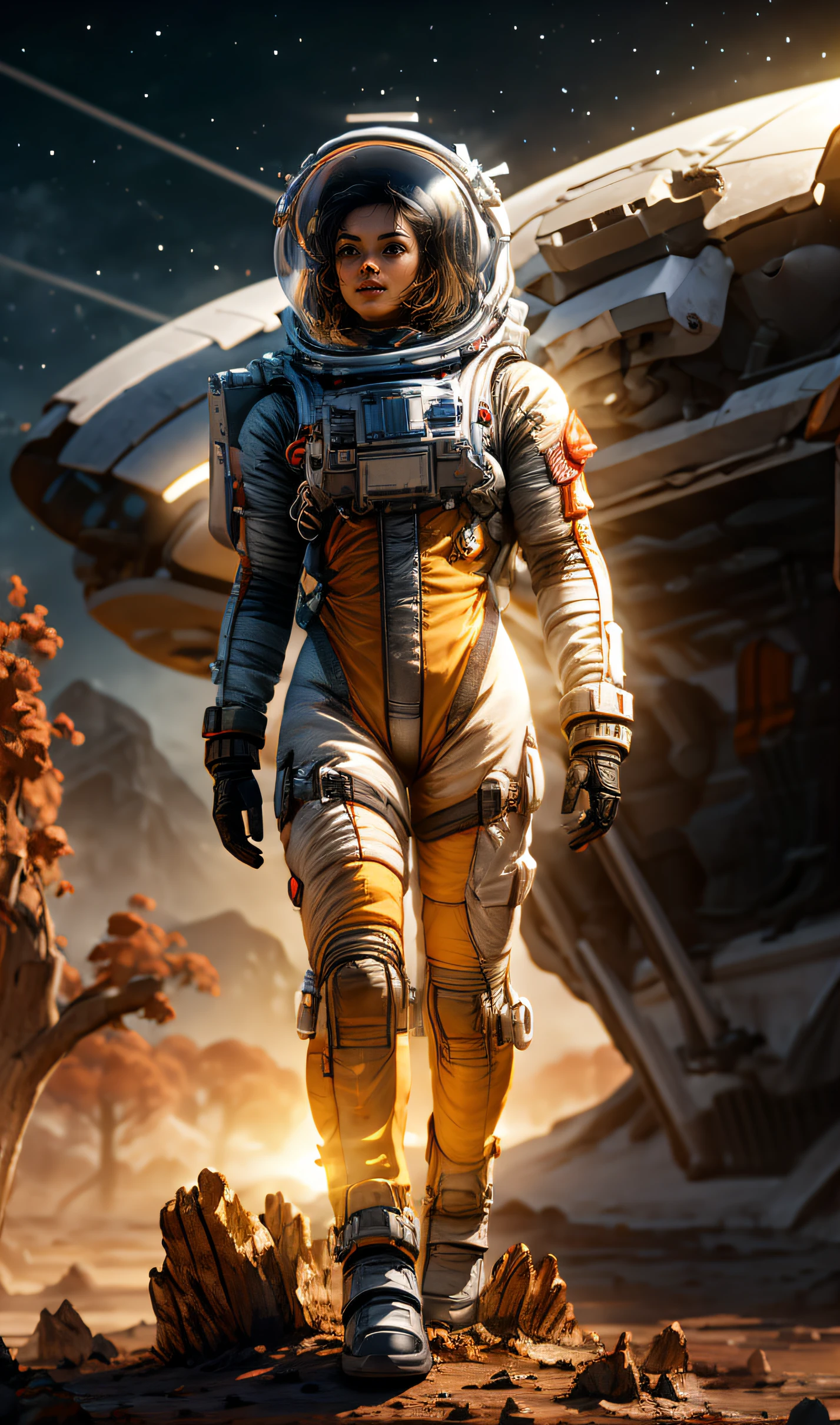 kit bashing, alien landscape, swampland, solitary female astronaut, radio dish antenna, Lime Green, utility belt, Ash Gray Verdigris, sci-fi, masterpiece, 16k, UHD, HDR, the best quality, body-tight suit, intricate, the most fantastic details, cinematic composition, dramatic lighting, full body, celestial bodies in the sky, dead trees, dry bushes, realistic reflections, sunset, a military compound, to scale, lonely,, dynamic posture