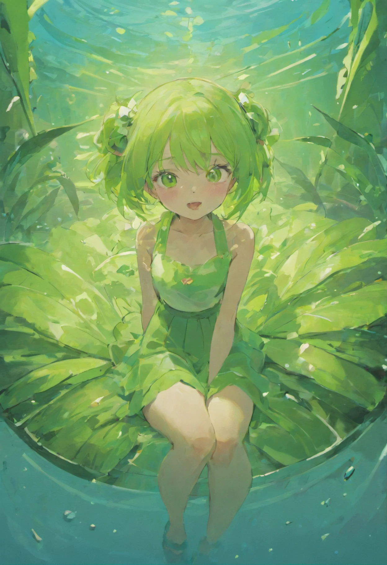 A young girlb,A large water tank,The girl sits in a large water tank,Cute expressions,Stick out your tongue and grin,Green duckweed floats in the tank,Lotus leaf,A lotus blooms on the dog's head