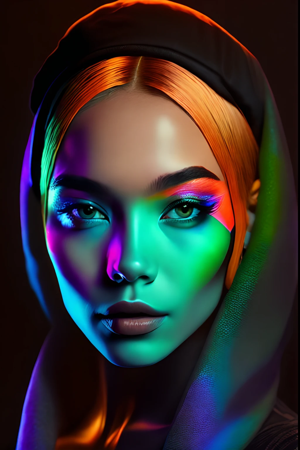 Best quality, ultra high res, hyperdetailed. Darkness. Colorful gradients. Gradients on face. Violet orange green lightning. Black background. Backness. Bald girl. Exotic. Photorealistic. Photo grain. Darkness. Mood. Model. Avantgarde makeup. The girl looks into the frame, she has blue eyes, the overall light is dark, the girl’s skin is multi-colored in a beautiful glow, the girl is wearing a small black hat, her skin consists of tiger fur