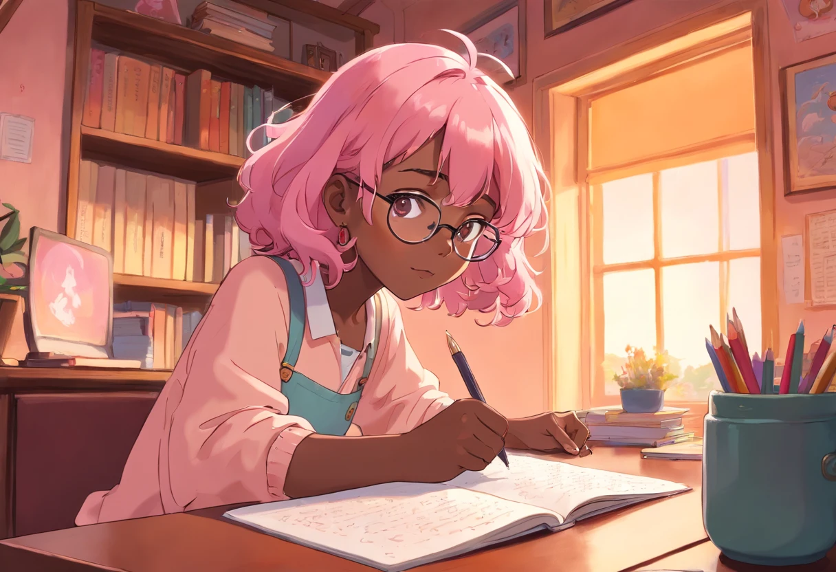 girl with pink hair, dark skin, curly hair, studying in her peach pastel room, cozy study desk, glasses