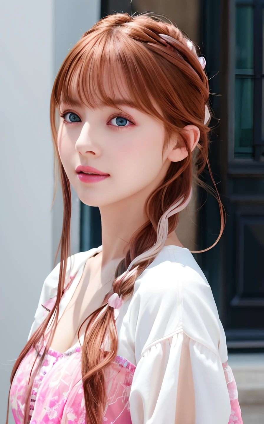 best quality, ultra high res, (photorealistic:1.4), (detailed beautiful girl:1.4), (medium breasts:0.8), looking_at_viewer, Detailed facial details, beautiful detailed eyes,pink hair, blue eyes, slender, haunting smile, (makeup:0.3), red lips, highly detailed clothes, (ulzzang-6500-v1.1:0.3)