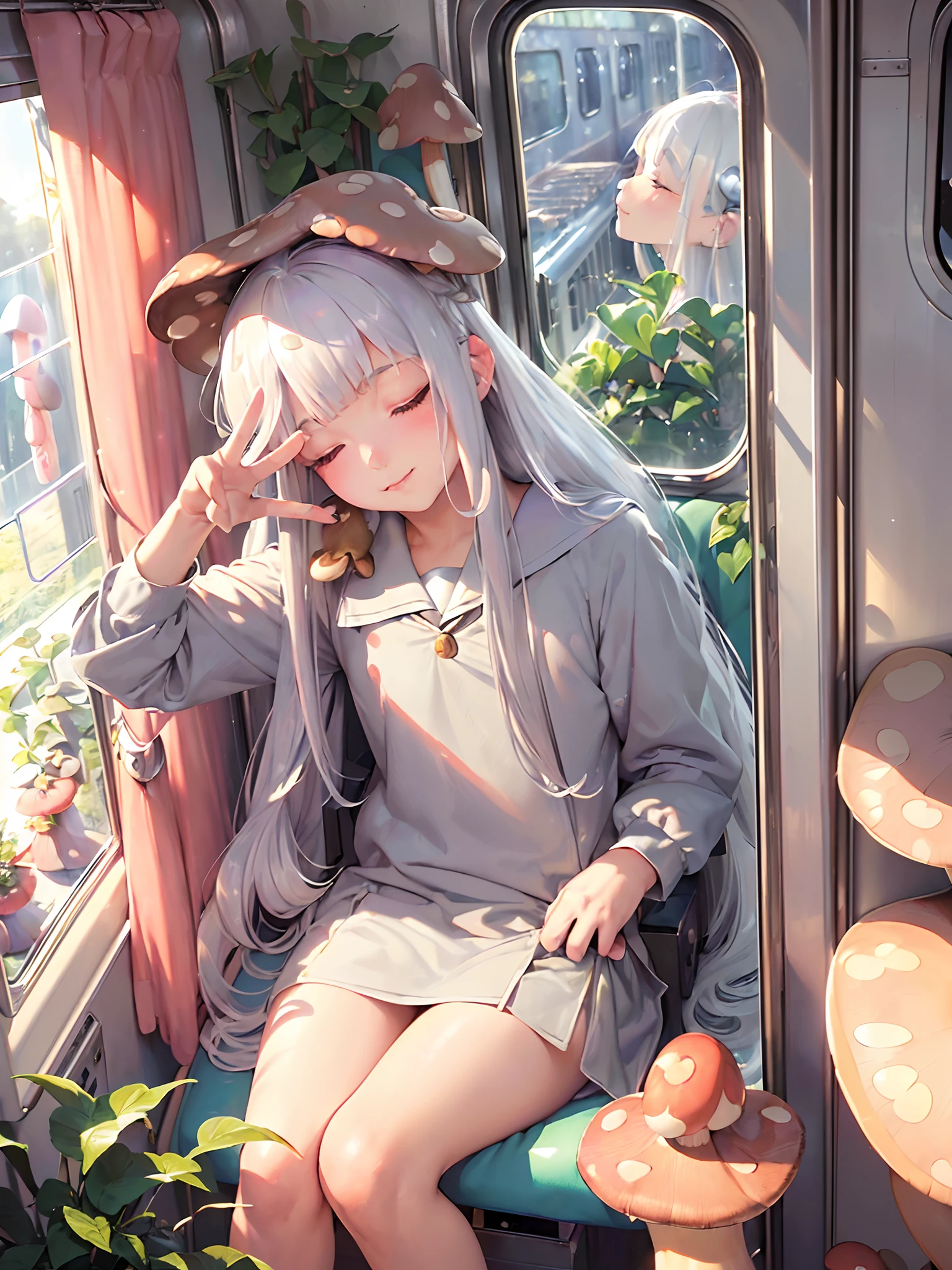 (platinum hair, long hair:1.3), small nose, sexy lip, (medium breast), (embarrassed), smile, (sleeping:1.3),
break
(school uniform:1.3), (mushroom on head:1.3), (✌️:1.3), (sitting:1.2), (from side:0.3), (fisheye:1.2), (muscular:0.8), (tedy bear:1.3), (perspective:1.3),
break
(cozy mood, silver, plants, curtain:1.3) , (in train:1.3), (sparkle:1.2), (pastel color:1.3), (flat color:1.2), (hyperrealistic, raw photo),