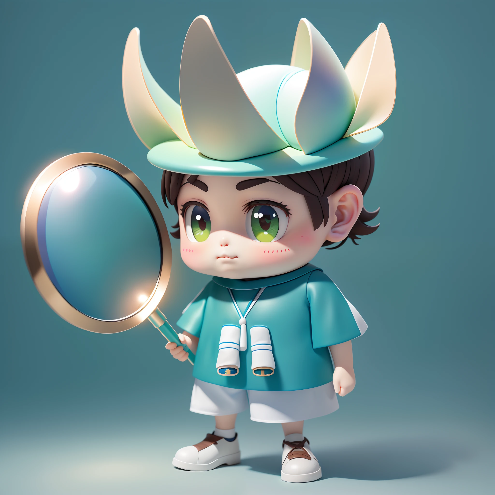 (Daisaku),(Need),(Super meticulous),(Authentic texture),(Realistic light and shadow),(full bodyesbian:1.2),1boys,White and green gradient headdress,adolable,ssmile,clean backdrop,A white telescope hangs around his neck,Magnifying glass in hand,Highlights on the magnifying glass,Dark brown hair,Light blue short-sleeved top,Dark blue shorts,White socks,Dark brown leather shoes,Blushlush,The shirt,short detailed hair,Blush stickers,longer sleeves,By bangs,pinkflower,(beautiful detailed face),(美丽细致的眼睛)