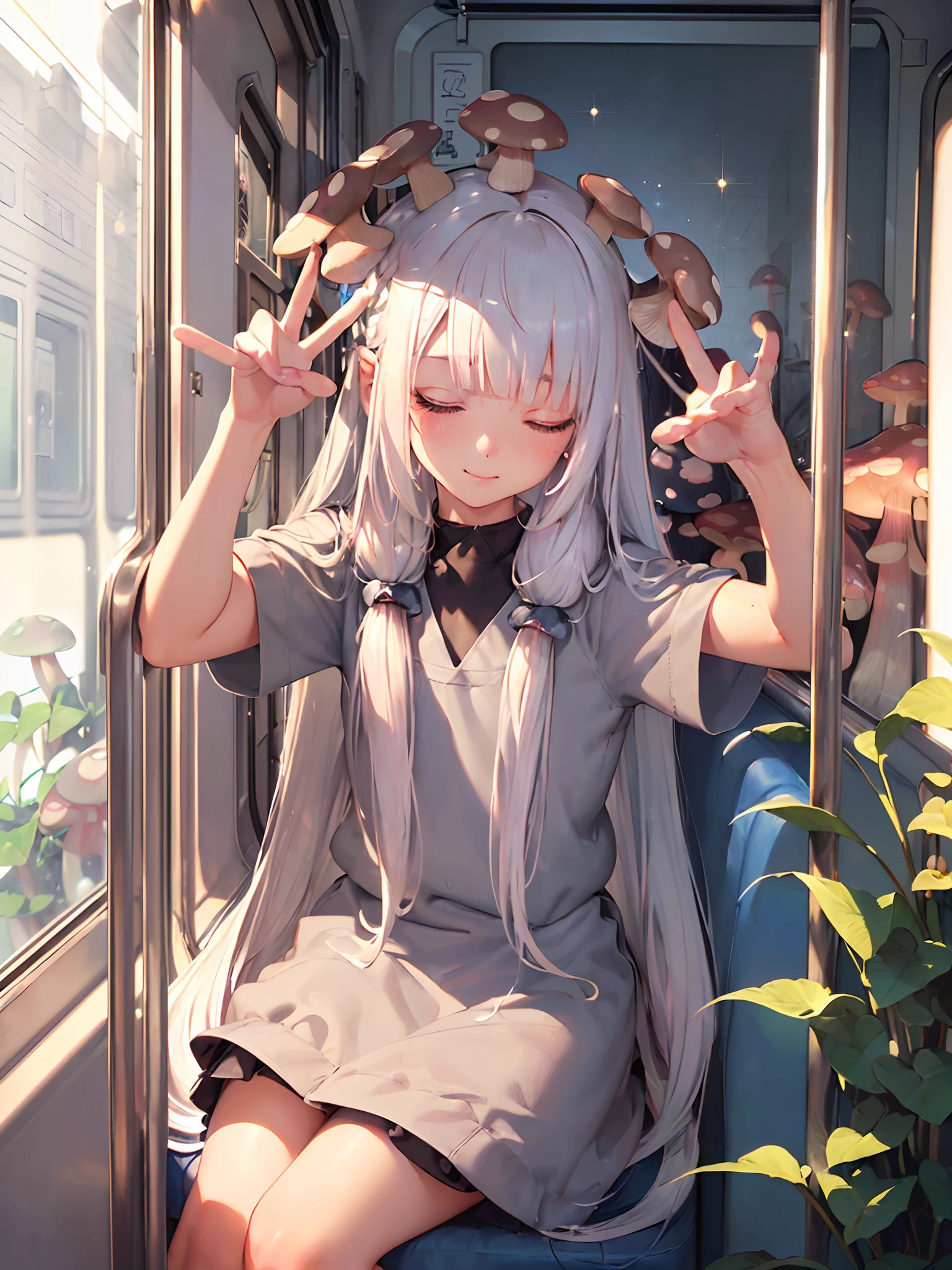 (platinum hair, long hair:1.3), small nose, sexy lip, (medium breast), (embarrassed), smile, (sleeping:1.3), 
 break
(school uniform:1.3), (mushroom on head:1.3), (✌️:1.3), (sitting:1.2), (from side:0.3), (fisheye:1.2), (muscular:0.8), (tedy bear:1.3), (perspective:1.3), 
 break
(cozy mood, silver, plants, curtain:1.3) , (in train:1.3),  (sparkle:1.2), (pastel color:1.3), (flat color:1.2), (hyperrealistic, raw photo),