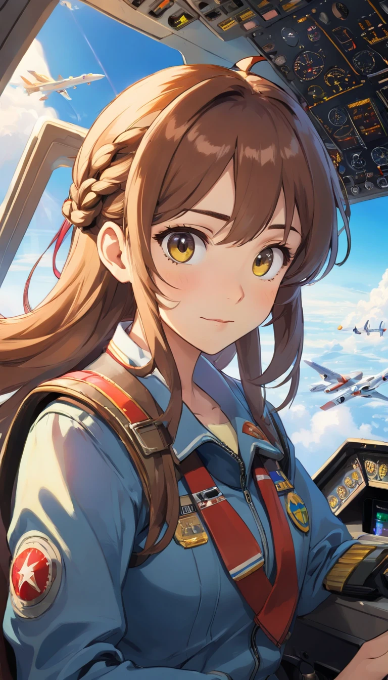 Portrait of a beautiful young pilot sitting in the cockpit, The pilot wears an Acrisp suit ้ฟรพ side braid มCustom flight suit, Embellished with scarves and patches that represent their experience and expertise.... The pilot wears the captain's helmet..., Cockpit interior scene in cinema, ..., Golden Light, Encapsulate the essence of aviation. The cockpit is filled with light panels.., Dials and buttons., Convey a sense of precision and control. The pilot looked at the dashboard and pressed a button through the transparent roof..., A spectacular view of the vast sky spreads out..., Spot with fluffy white clouds and streaks of sunlight against other commercial planes flying in the background..., The pilot's hand gently grasped the control yoke..., epic scene, vibrant colours, Full HD, Dynamic lighting, Ultra-high detail, dramatic light, Movie Poster Style, Asymmetrical composition, photorealistic portrait, Concept Art, unreal engine, masterpiece