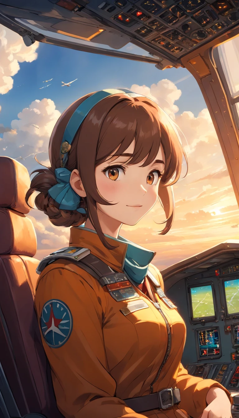 Portrait of a beautiful young pilot  sitting in the cockpit, The pilot wears an Acrisp suit ้ฟรพ side braid มCustom flight suit, Embellished with scarves and patches that represent their experience and expertise.... The pilot wears the captain's helmet..., Cockpit interior scene in cinema, ..., Golden Light, Encapsulate the essence of aviation. The cockpit is filled with light panels.., Dials and buttons., Convey a sense of precision and control. The pilot looked at the dashboard and pressed a button through the transparent roof..., A spectacular view of the vast sky spreads out..., Spot with fluffy white clouds and streaks of sunlight against other commercial planes flying in the background..., The pilot's hand gently grasped the control yoke..., epic scene, vibrant colours, Full HD, Dynamic lighting, Ultra-high detail, dramatic light, Movie Poster Style, Asymmetrical composition, photorealistic portrait, Concept Art, unreal engine, masterpiece