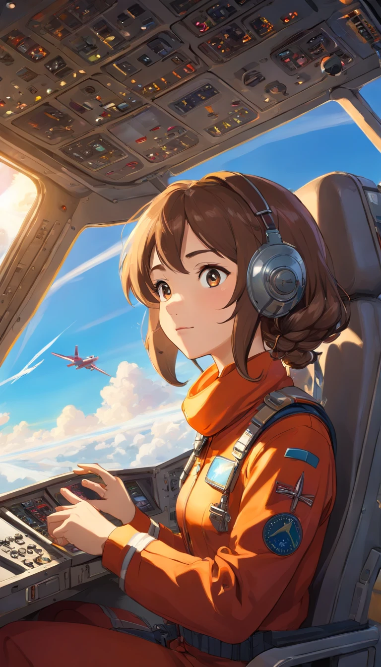 Portrait of a beautiful young pilot  sitting in the cockpit, The pilot wears an Acrisp suit ้ฟรพ side braid มCustom flight suit, Embellished with scarves and patches that represent their experience and expertise.... The pilot wears the captain's helmet..., Cockpit interior scene in cinema, ..., Golden Light, Encapsulate the essence of aviation. The cockpit is filled with light panels.., Dials and buttons., Convey a sense of precision and control. The pilot looked at the dashboard and pressed a button through the transparent roof..., A spectacular view of the vast sky spreads out..., Spot with fluffy white clouds and streaks of sunlight against other commercial planes flying in the background..., The pilot's hand gently grasped the control yoke..., epic scene, vibrant colours, Full HD, Dynamic lighting, Ultra-high detail, dramatic light, Movie Poster Style, Asymmetrical composition, photorealistic portrait, Concept Art, unreal engine, masterpiece