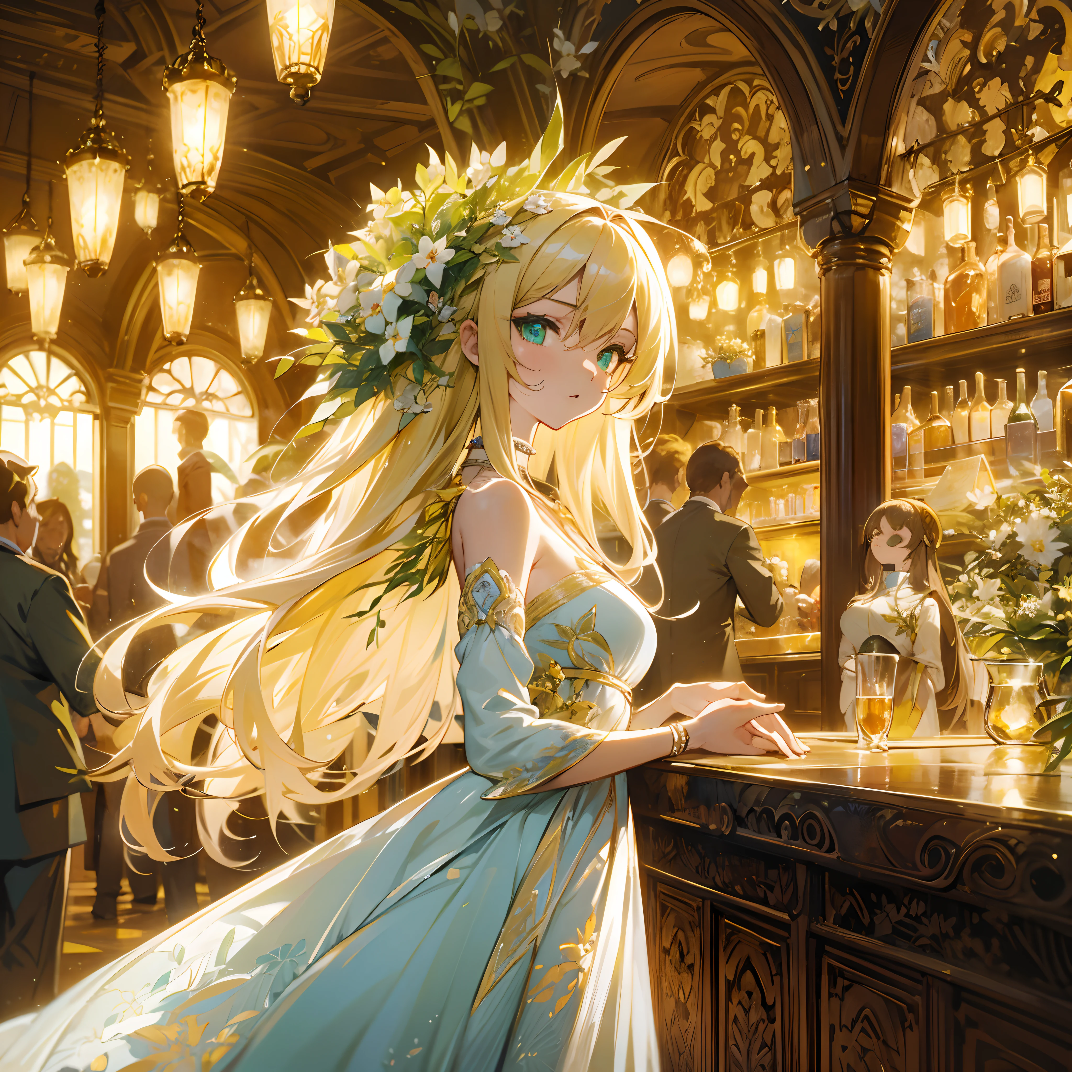 Japanimation, eroge, 35 mm, Incredibly hyper-detailed and intricately realistic, full body character, Adult, Beautiful, Female, Perfect, Long Blonde Hair, Green eyes, Elegant white dress, flower in hair, Detailed face, White skin, Mature facial features of female Nordica, Garden background, Cover art, zoomout, Choker, hyper detailed painting, luminism, Bar lighting, with an intricate, 4k resolution concept art portrait, extremely high level illustration, 16k, extremely high level illustration, absurd resolution, absurd detailed, soft and warm lighting, (((masterpiece))), best quality, extremely detailed, Fantasy scene, Fantasy composition, fantasy lighting, beautiful detailed glow, perspective, depth of field, proportion, blurry background, bokeh, sharp focus, depth and dimension