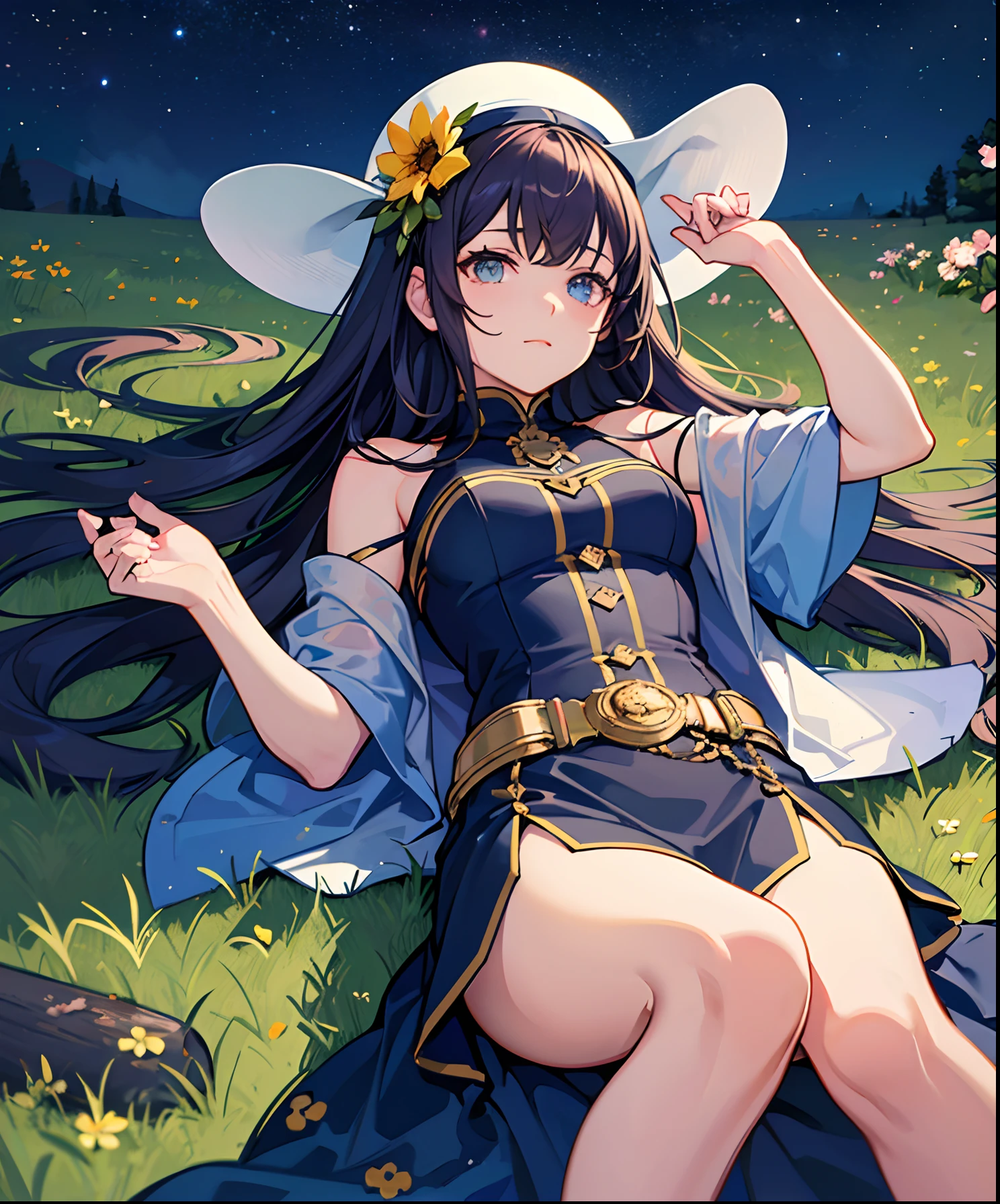 Describe a scene where a cute girl character is lying on a grassy hill, Looking up at the starry sky. Surround her with colorful nebulae and her favorite constellations.