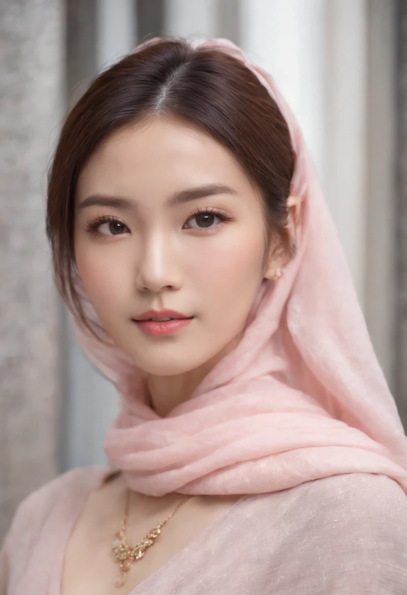 Close-up of a woman wearing a pink scarf and necklace, Soft portrait shot 8 K, gorgeous chinese models, Beautiful oriental woman, beautiful Korean women, Beautiful young Korean woman, Chinese girl, Chinese woman, Beautiful asian woman, Inspired by Huang Ji, Beautiful Asian girl, A young Asian woman, An Asian woman, Gorgeous young Korean woman