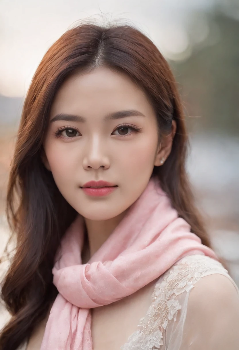 Close-up of a woman wearing a pink scarf and necklace, Soft portrait shot 8 K, gorgeous chinese models, Beautiful oriental woman, beautiful Korean women, Beautiful young Korean woman, Chinese girl, Chinese woman, Beautiful asian woman, Inspired by Huang Ji, Beautiful Asian girl, A young Asian woman, An Asian woman, Gorgeous young Korean woman