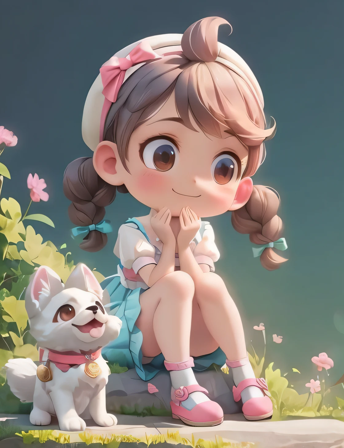 3d, render, chibi style, chibi anime girl sitting on a rock withy a dog and a cat, adorable dress, adorable shoes, cute art,