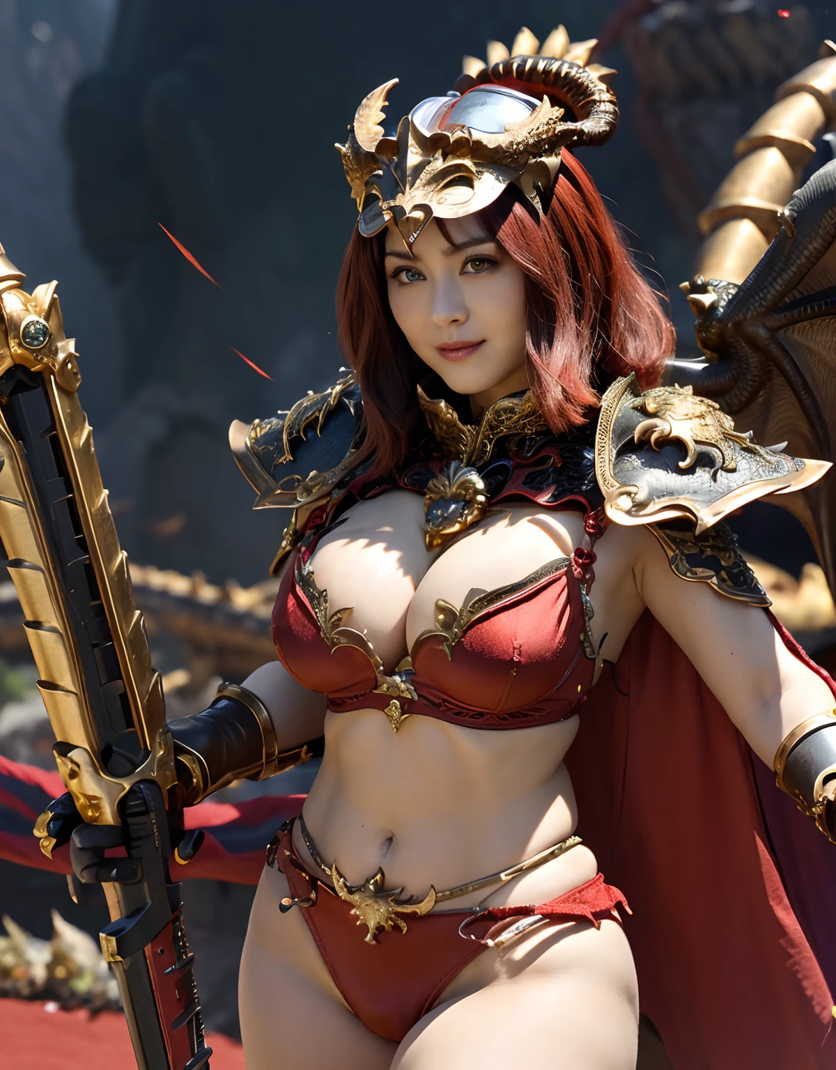 Professional , ​masterpiece、top-quality、photos realistic , depth of fields 、（Dragon Red Metal Body:1.９),(Enamel Red、（cleavage of the breast）、Dragon Gold Weapon、（Red Micro Bikini Armor:1.４),Gorgeous gold weapons ,(Demon Beast),（（ Dragon's dense and gorgeous sword）） , （demonic wings）、（（a blond））、（Castle background）、（（Gangle's forest background））、（（Fight dragons））、Beautiful Caucasian beauty、１a person、dynamic ungle,(((Detailed and ornate dragon helmet)))、Smaller head、A smile、Castle background、Thin and beautiful female hands、cleavage of the breast、Soldier in iron armor on background、Mystical expression、Light Effects、intense fighting、Wind-effect、magic circles、With the legendary magic wand、Dragon's tail、explosions、Anatomically correct body、