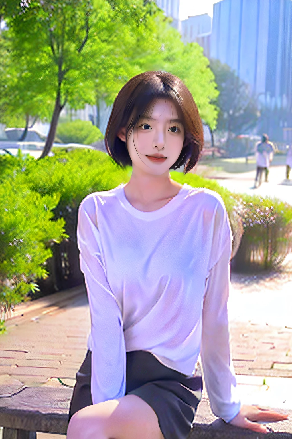 Alafeld Asian woman sitting on a stone bench in the park, Korean girl, wearing tight shirt, wearing shirt, in a white shirt, Tight shirt, in a white shirt, with short hair, beautiful Korean women, Korean woman, Surrealism female students, wearing tight simple clothes, sakimichan hdri, Gorgeous young Korean woman,Naked chest 8K HD,beautifullegs