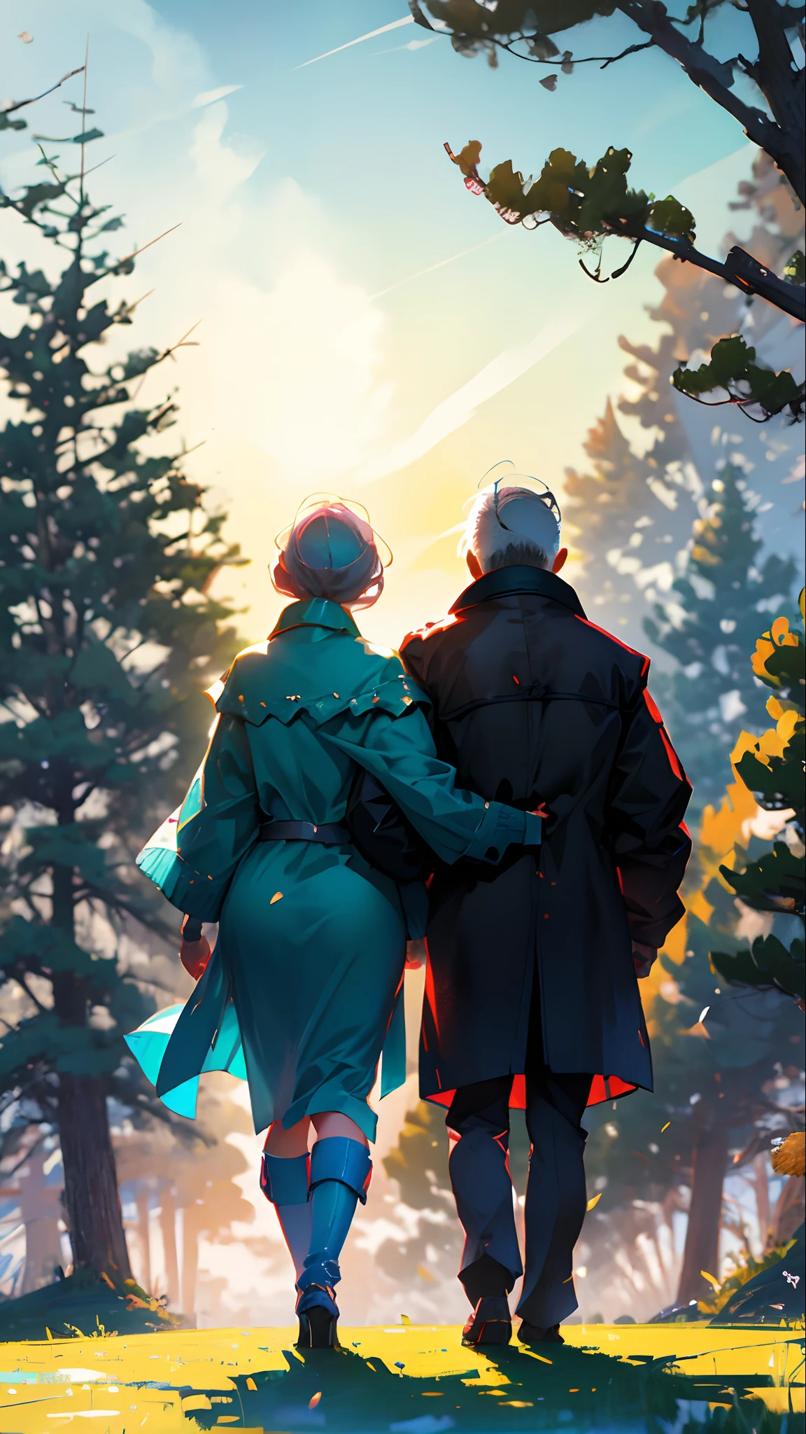Under the Rising Sun、Elderly couple supporting each other's backs as if walking in a park,Support each other,Old man with gray hair,Faraway view