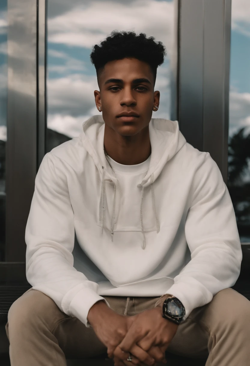 Homem sentado em um banco em frente a uma pintura, Foto em estilo de Tyler Mitchell, taken in the early 2020s, No estilo de Tyler Mitchell, Riyahd Cassiem, xxxtentacion, adolescente negro, foto do perfil, em torno de 1 9 anos, arte mista, Retrato no meio da foto, Foto de perfil, foto de perfil, mechanical medium, ele ta pegando f
