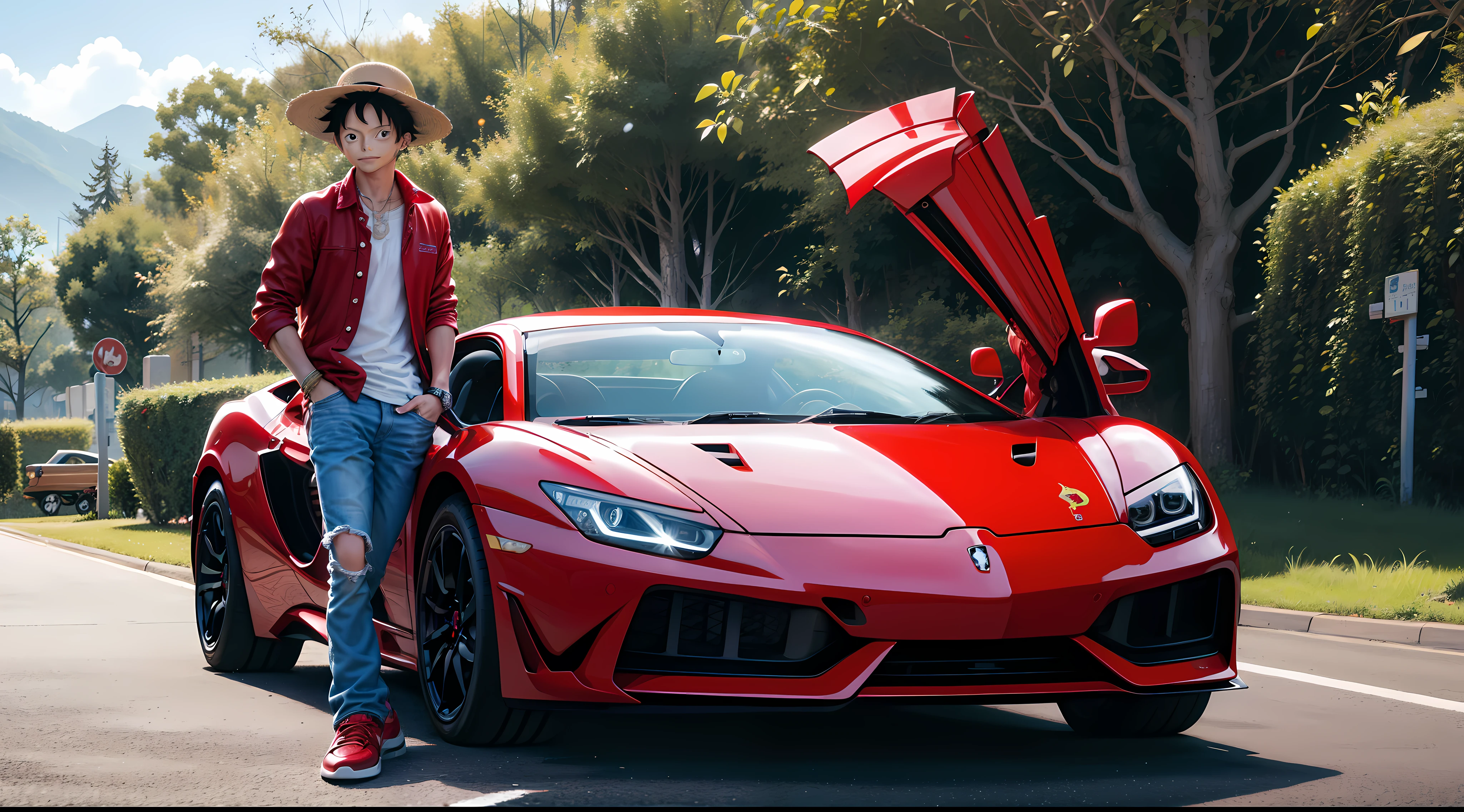 monkey d luffy from ine piece anime, black hair, 1 man, wearing red shirt, jeans, red nikes, wearing red baseball cap, leaning on car, in parking area, red lamborghini car, in parking area, looking at viewer, masterpiece, textured skin, super detailed, high detail, high quality, best quality, 1080p, HD, 16k