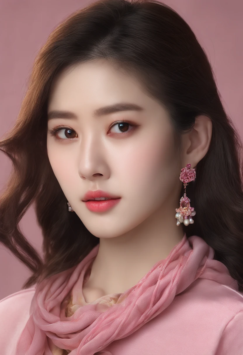 Close-up of a woman wearing a pink scarf and necklace, Soft portrait shot 8 K, gorgeous chinese models, Beautiful oriental woman, beautiful Korean women, Beautiful young Korean woman, Chinese girl, Chinese woman, Beautiful asian woman, Inspired by Huang Ji, Beautiful Asian girl, A young Asian woman, An Asian woman, Gorgeous young Korean woman
