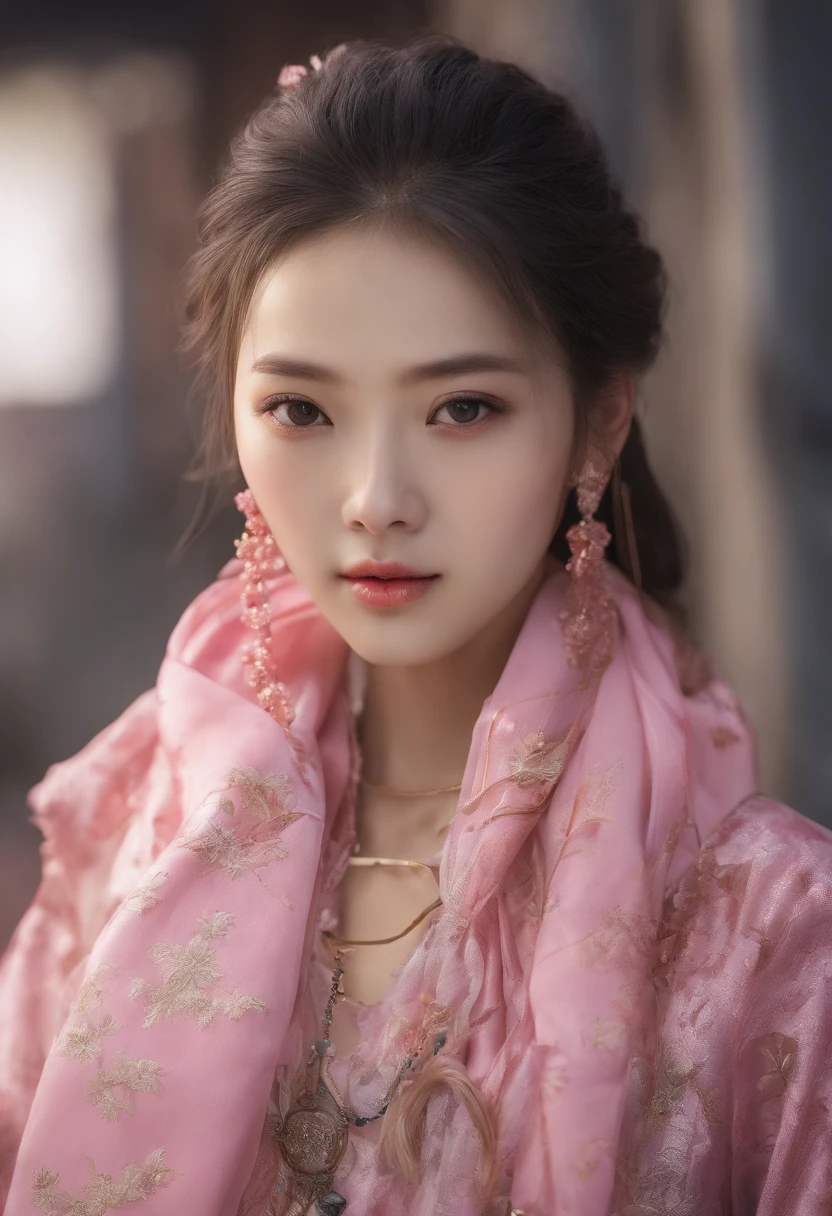 Close-up of a woman wearing a pink scarf and necklace, Soft portrait shot 8 K, gorgeous chinese models, Beautiful oriental woman, beautiful Korean women, Beautiful young Korean woman, Chinese girl, Chinese woman, Beautiful asian woman, Inspired by Huang Ji, Beautiful Asian girl, A young Asian woman, An Asian woman, Gorgeous young Korean woman