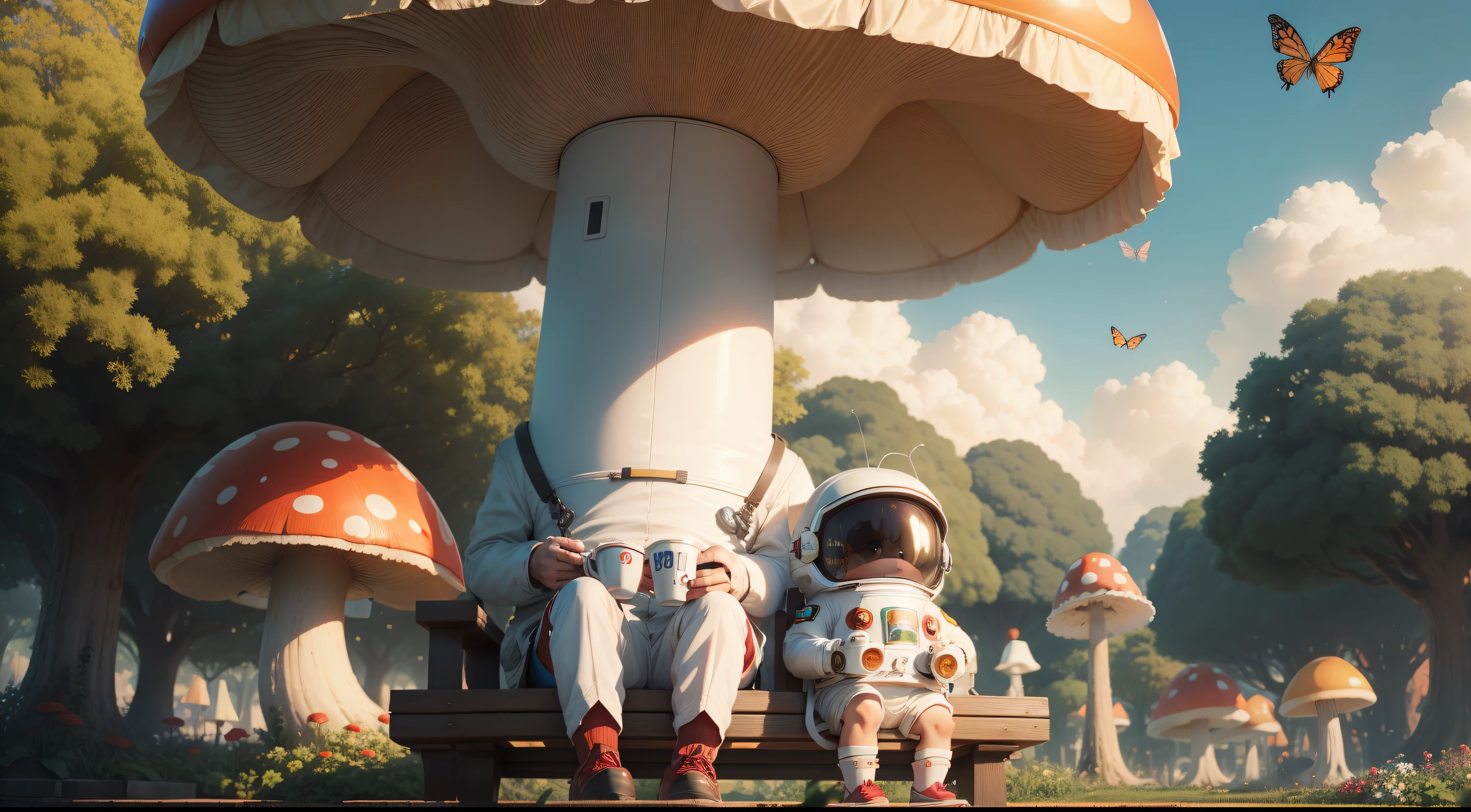 ((Best quality)), ((masterpiece)), ((anime)), detailed caricature cute spaceman at image size scale of 35% of the full image, big head short hands short legs short body, big round opaque helmet covered face, white space suit, wear big "red headphone", hands with red gloves, holding a cup of coffee, sitting on a wooden bench in a dreamy lush colourful garden with monster exotic giant mushrooms, tall exotic trees, cloudy sky, butterflies.