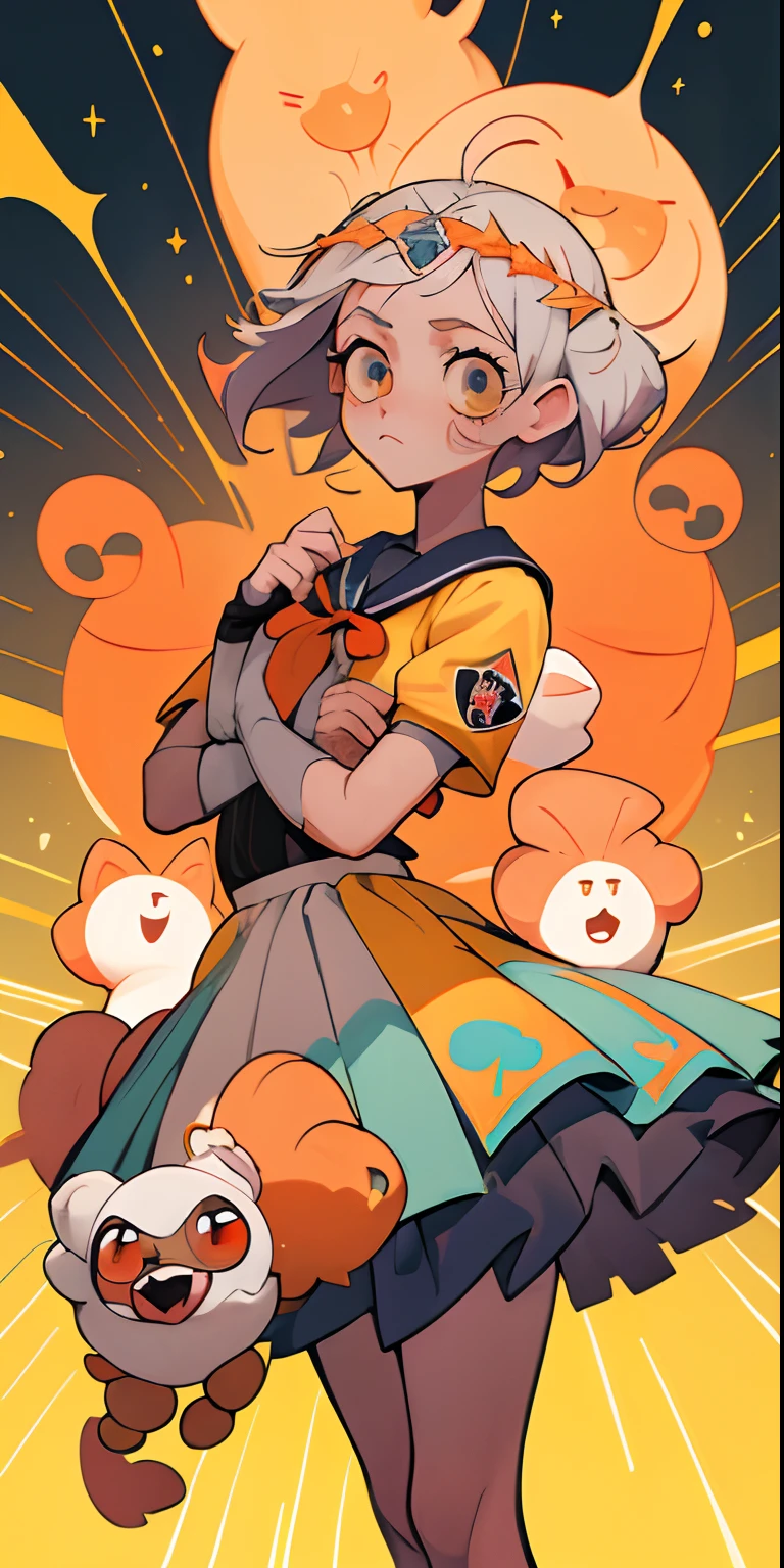 (melhor qualidade, obra-prima), 1 anime girl, ceu, purpurina, colegial, mascot particle, vento, pasaros, parte superior do corpo, fundo claro simples, olhando para o espectador, raiva, olhos azuis.
