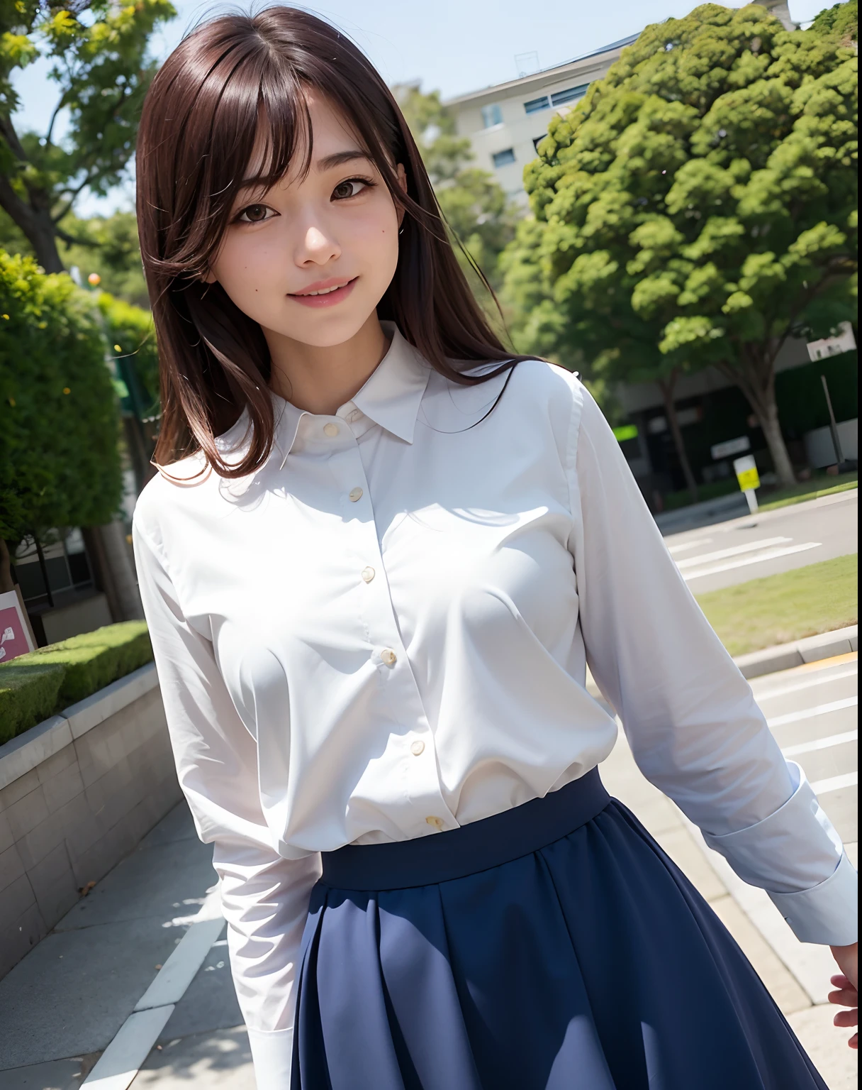 (realisitic、Photorealsitic:1.37)、(masterpiece)、(top-quality:1.4)、(超A high resolution:1.2)、(RAW Photography:1.2)、(foco nítido:1.3)、(Face Focus:1.2)、elegent、(full bodyesbian:1.2)、top-quality、masterpiece、(真实感:1.2)、girl with、brown haired、brown-eyed、frontage、A detailed face、beautidful eyes、Pleated mini skirt uniform、Sitting at the bus stop(1.5)、Biting smile、a lot of eyelashes、high-heels、 Very pretty