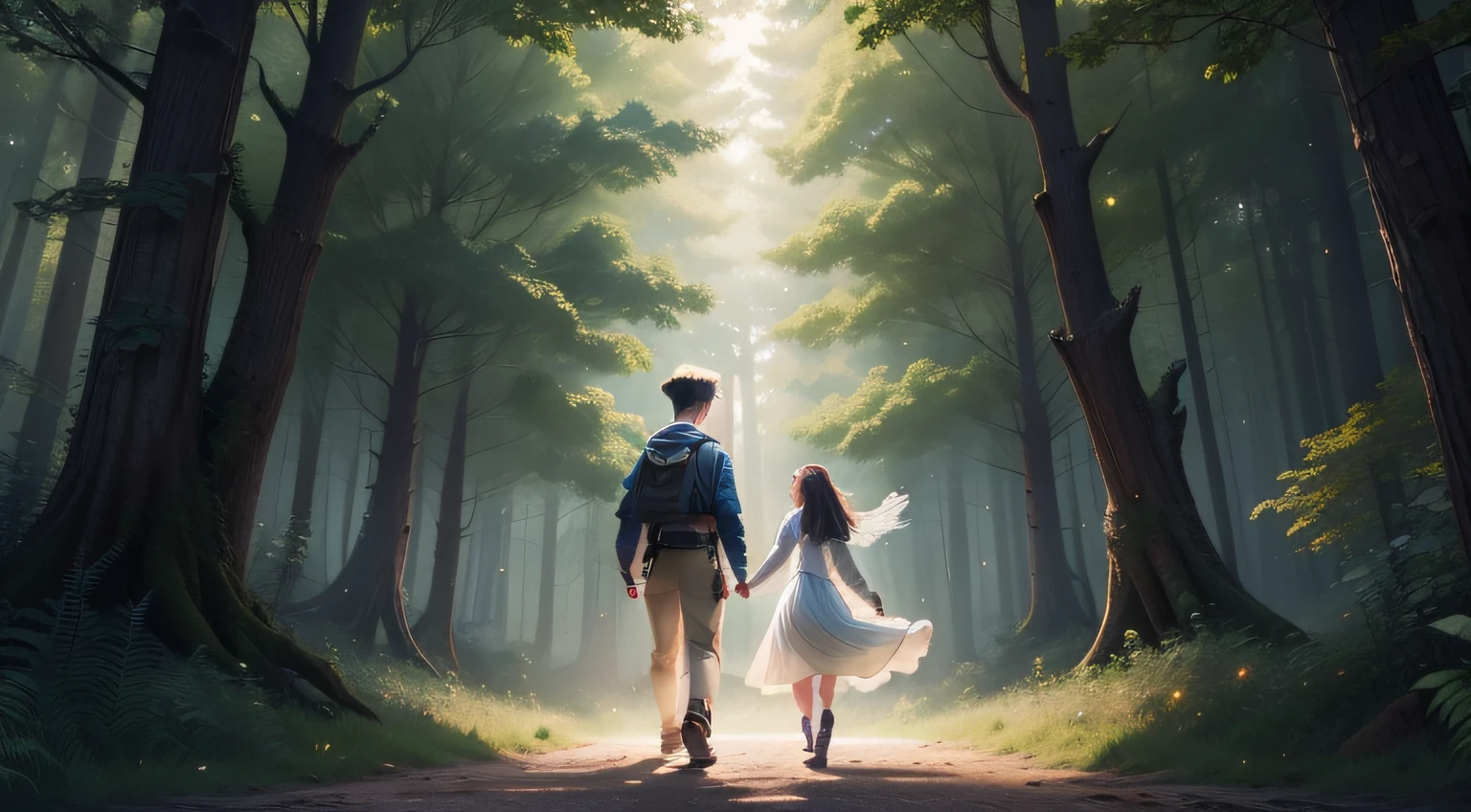 A heartwarming scene of A young boy, A frindly young girl ghost, and firefly in a clearing, surrounded by the mystical aura of the forest, their faces radiating joy and friendship, Illustration, digital art, vibrant colors, --ar 16:9 --v 5