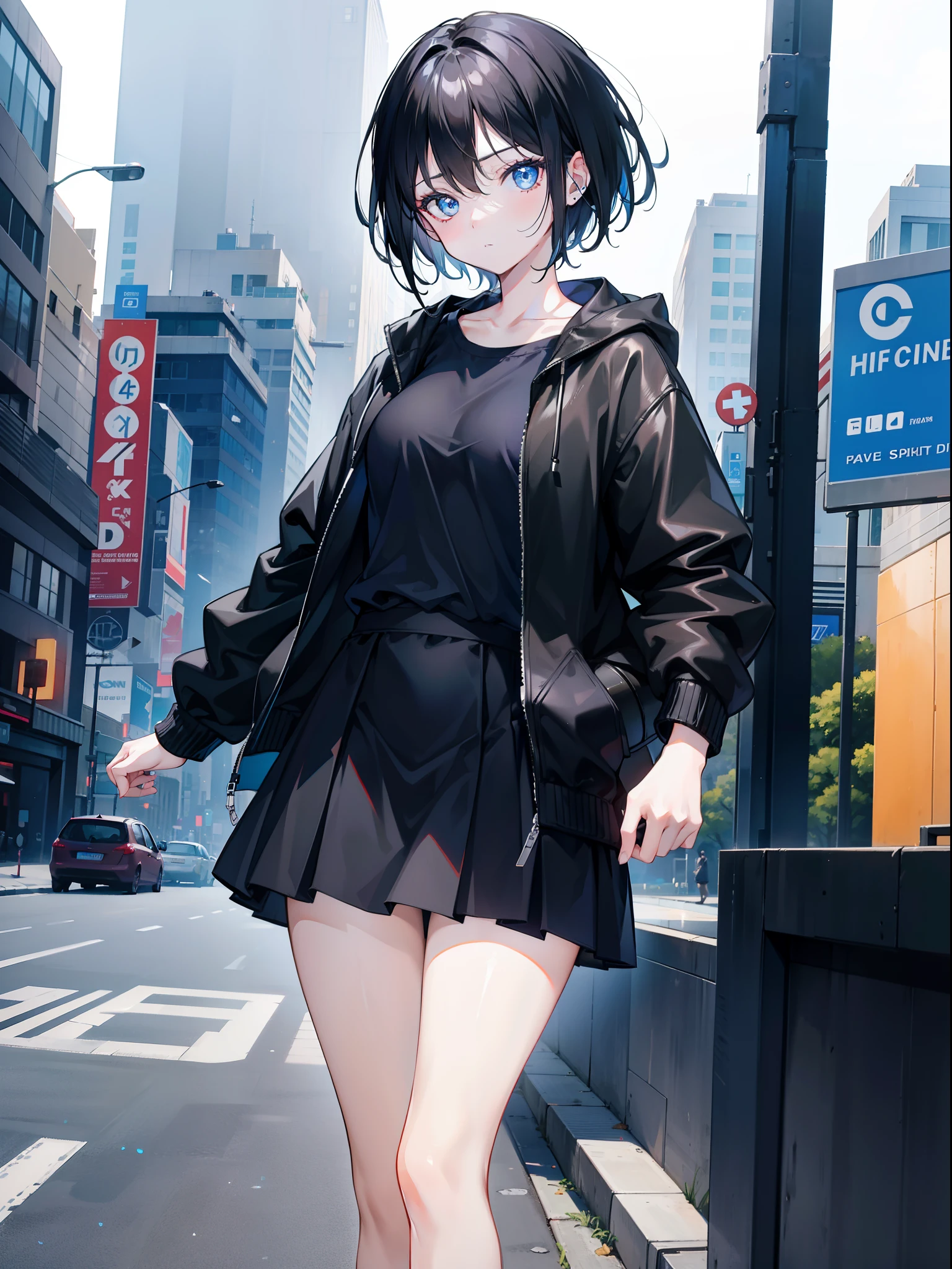 1 girl, short black hair, blue eyes, wearing plain black shirt, wearing jacket, short skirt, wearing earphones, city, high res, ultrasharp, 8k, masterpiece, looking at viewer