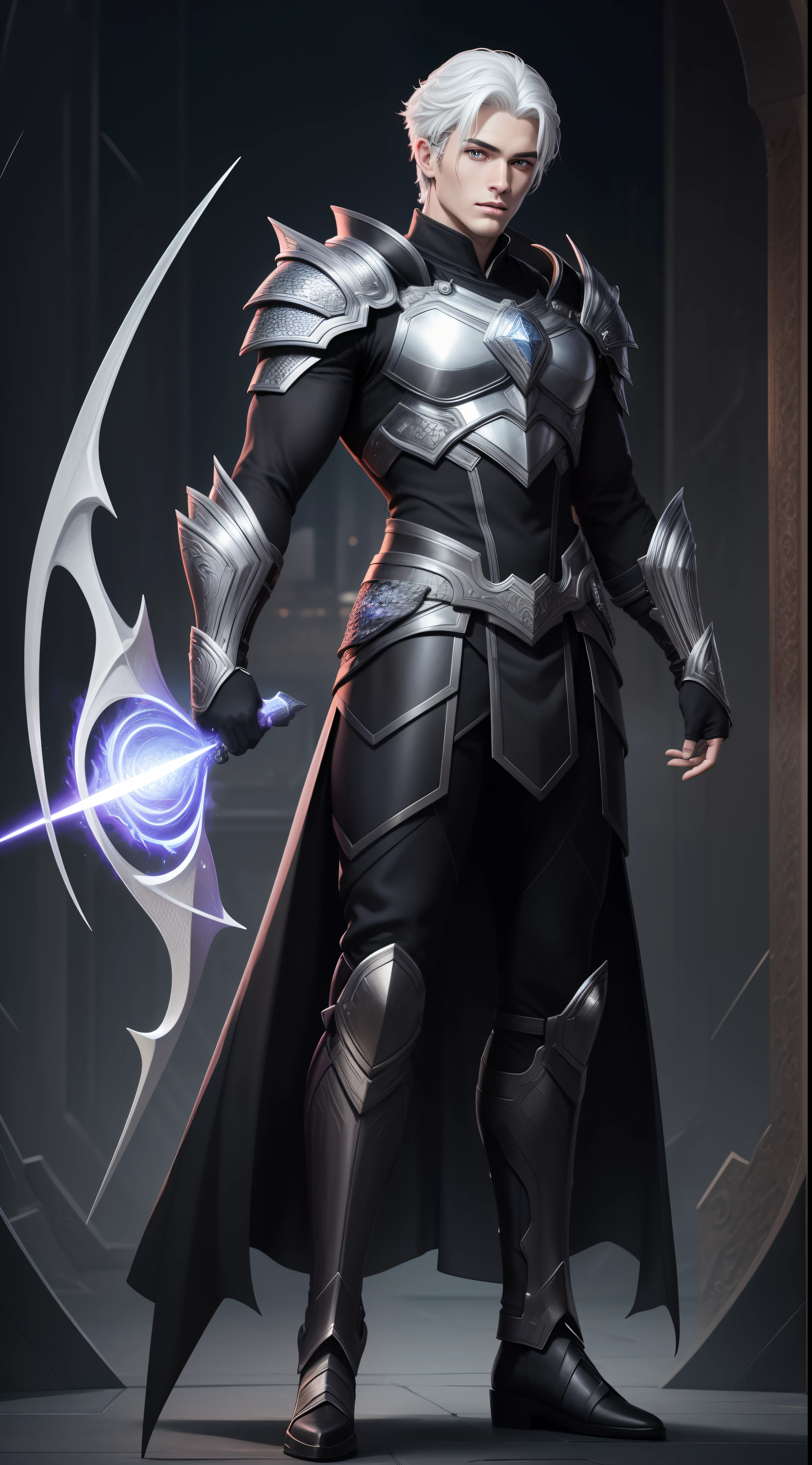 masterpiece, extremely accurate rendering, best image quality: Full body shot of Garrou with white hair, 20 year old handsome face, extremely accurate symmetrical rendering of beautiful eyes are the highlight of The award-winning work attracts all eyes, cold, fiery, central, full-body black armor inspired by dragon scales reflecting hellfire and purple-black lightning.