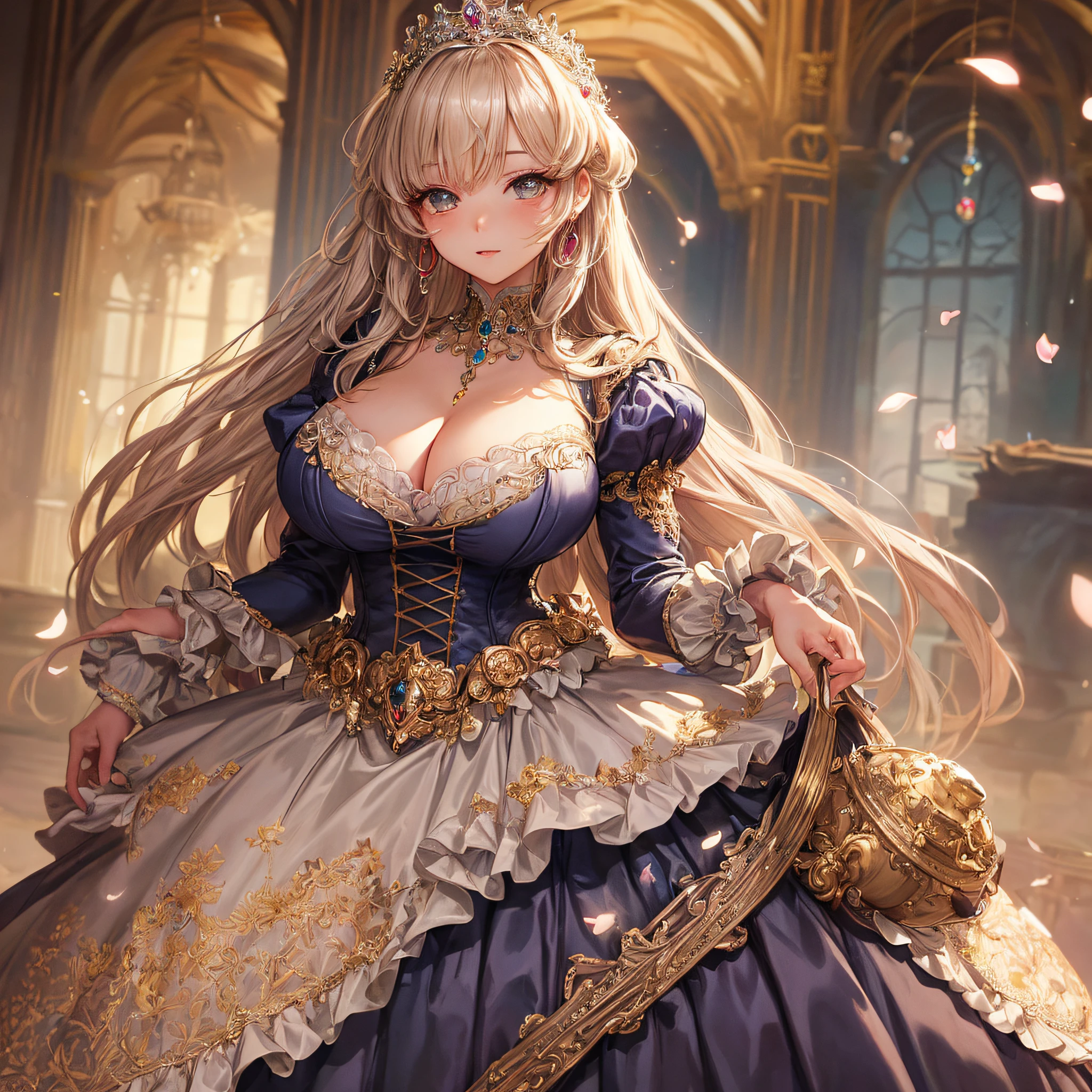 (masterpiece, best quality,extremely detailed:1.1),(moe anime art style:1.2),1girl,full body, ((solo)), cute, kawaii,digital art,((1 bling-bling anime princess wearing beautiful embroidery and jeweled ruffled gorgeous princess ballgown with voluminous full length hoop skirt)),((crinoline)),long train,voluminous frills,(gorgeous embroidery and beautiful lace),(very gigantic boobs,cleavage,skindentation),((shiny hair,very long straight hair)),((finely detailed face and eyes)),clear pupil,extremely gorgeousfull hair ornament,(bling-bling jeweled extremely gorgeousfull tiara),((bling-bling gorgeous gemstone jewelry)),long veil,((beautiful background,fantasy)),flowers,flower petals flowing,full body,looking away,((beautiful embroidery and jeweled ruffled gorgeous princess ballgown with voluminous full length hoop skirt))