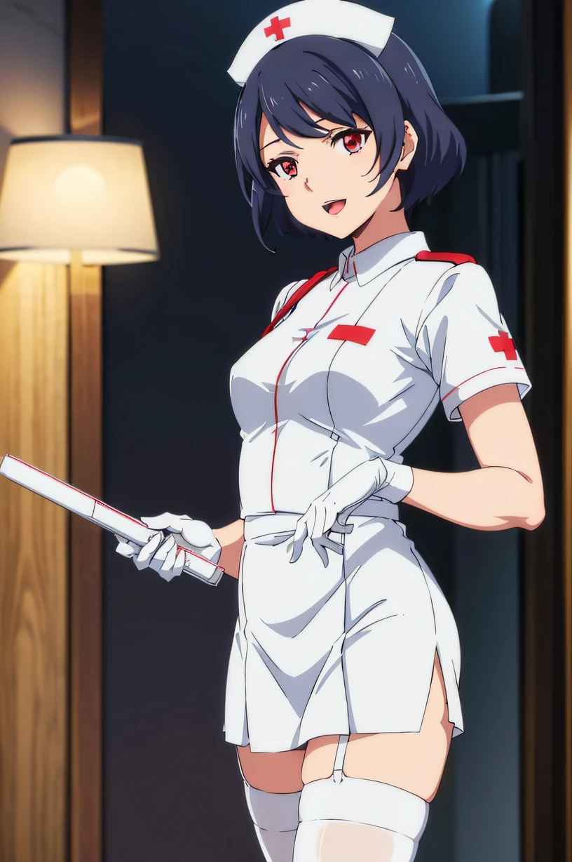 ruitachibana, solo, Nurse, ((White nurse cap, White nurse uniform)), ((White legwear, zettai ryouiki)), White Gloves, Smile, Open mouth, Standing, ((Hospital room)), sharp outline, Short sleeves, Best Quality, masutepiece