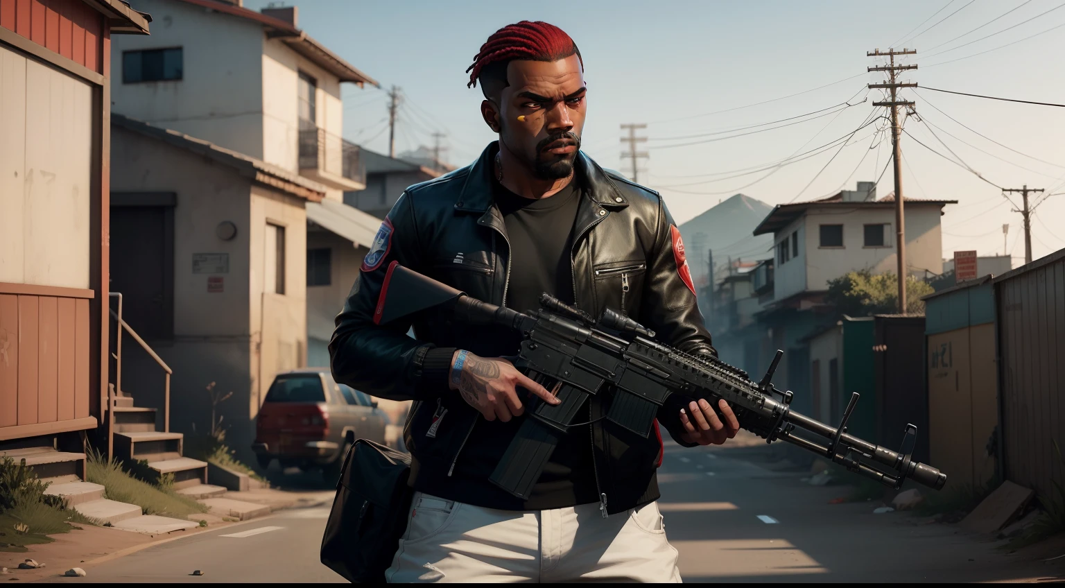 There's a man , gta personagem, Como o protagonista de GTA 5, GTA V Estilo, como um personagem de gtav, corte de cabelo red,cabelo red,Kanye West em GTA v, Estilo GTA5, gta v personagem, empunhando fuzil de assalto,rifle in hand ,fuzil AK-47 ,gta 5 tom de pele ?????,em favela estilo brasil